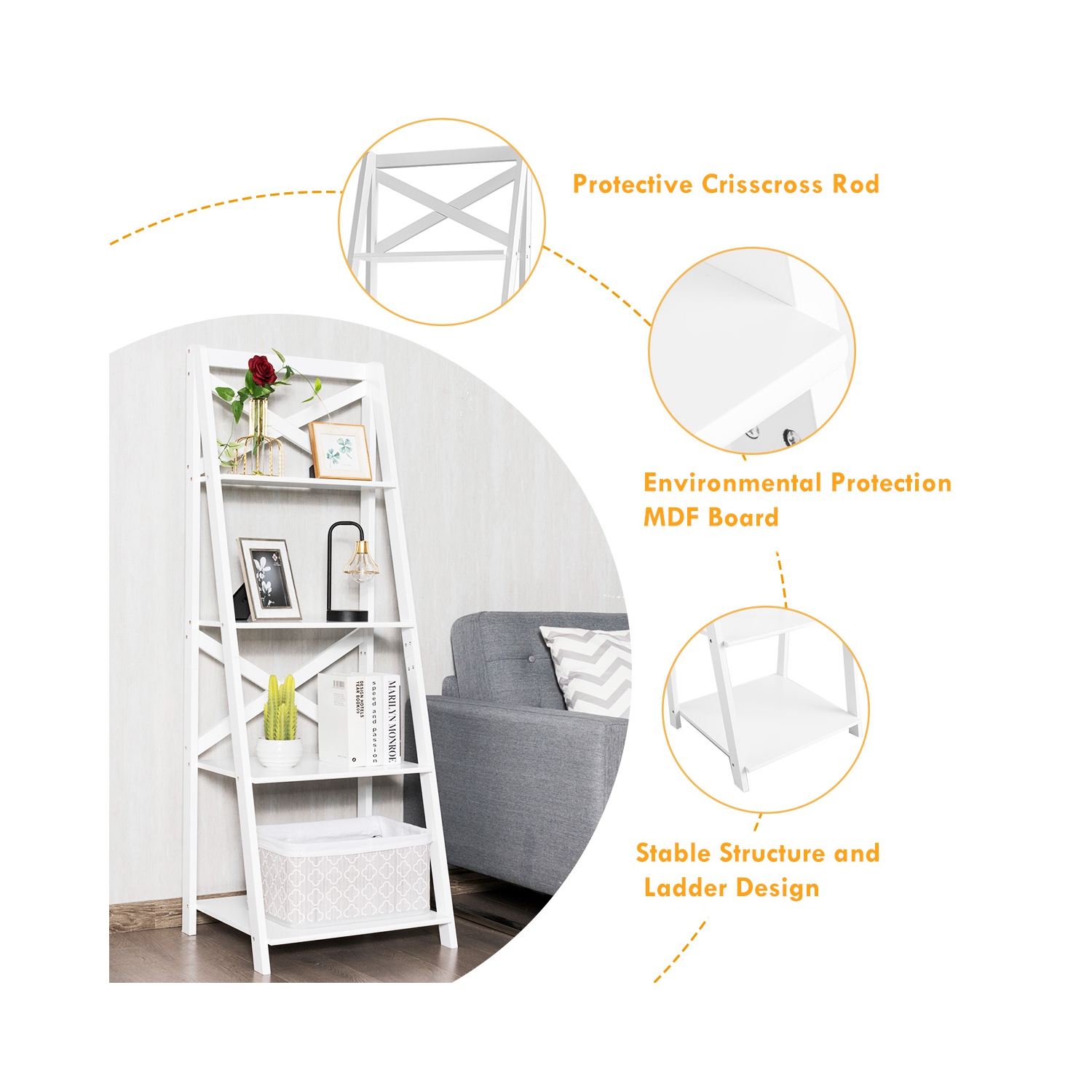 Présentoir à 4 niveaux avec étagère en échelle de Costway, étagère de rangement, étagère inclinée, blanc