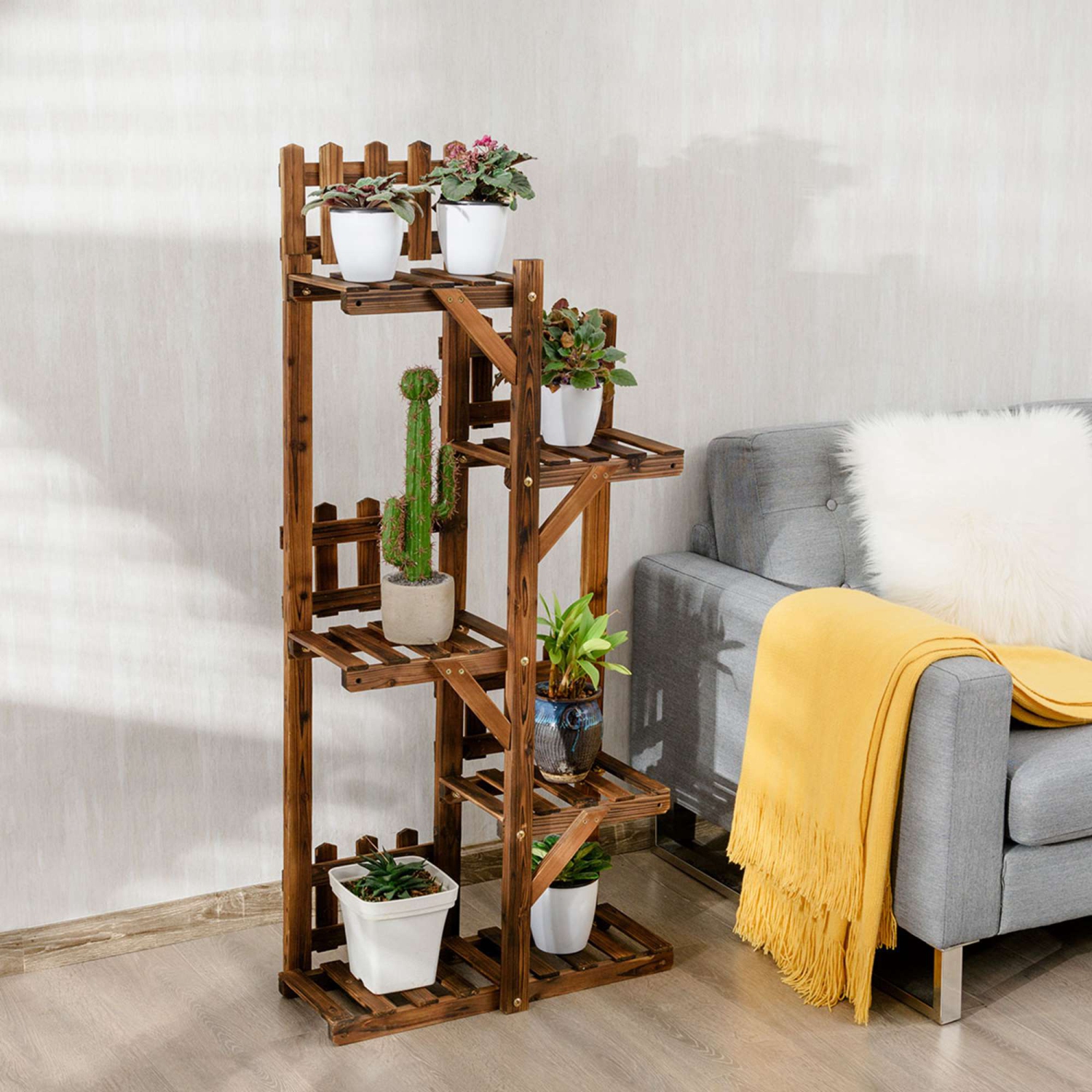 Étagère à Fleurs en Bois à 5 Niveaux, Support de Pots avec Grande Capacité pour Décoration, Porte-Plantes Extérieur ou Intérieur en Couleur Marron,