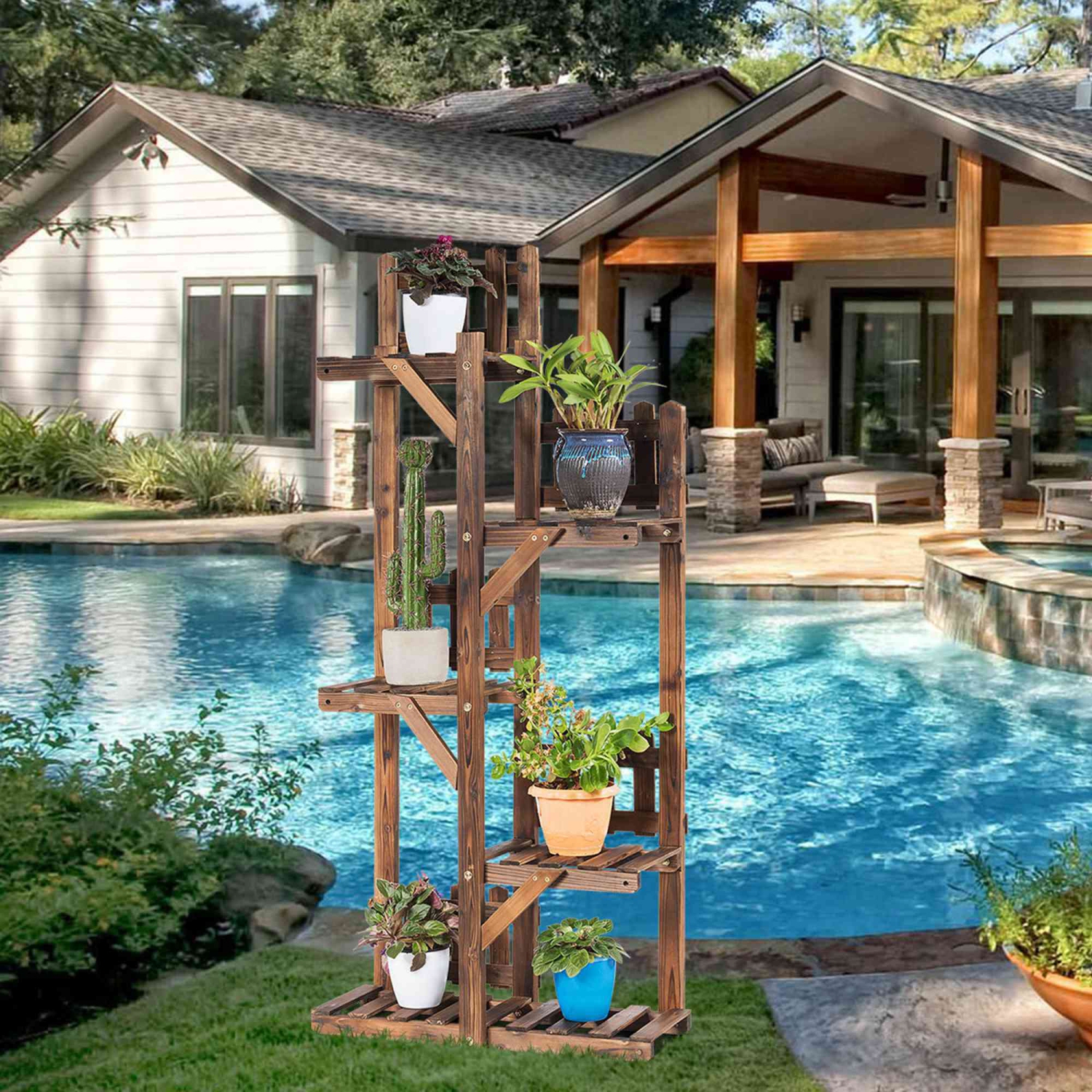 Étagère à Fleurs en Bois à 5 Niveaux, Support de Pots avec Grande Capacité pour Décoration, Porte-Plantes Extérieur ou Intérieur en Couleur Marron,