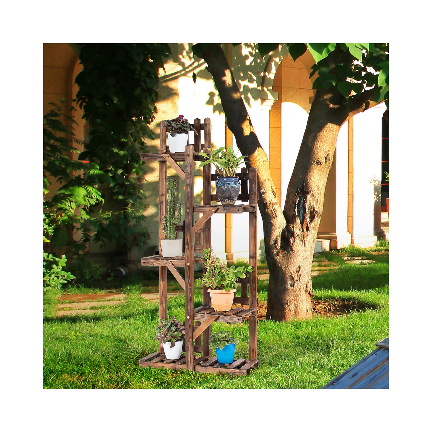 Étagère à Fleurs en Bois à 5 Niveaux, Support de Pots avec Grande Capacité pour Décoration, Porte-Plantes Extérieur ou Intérieur en Couleur Marron,