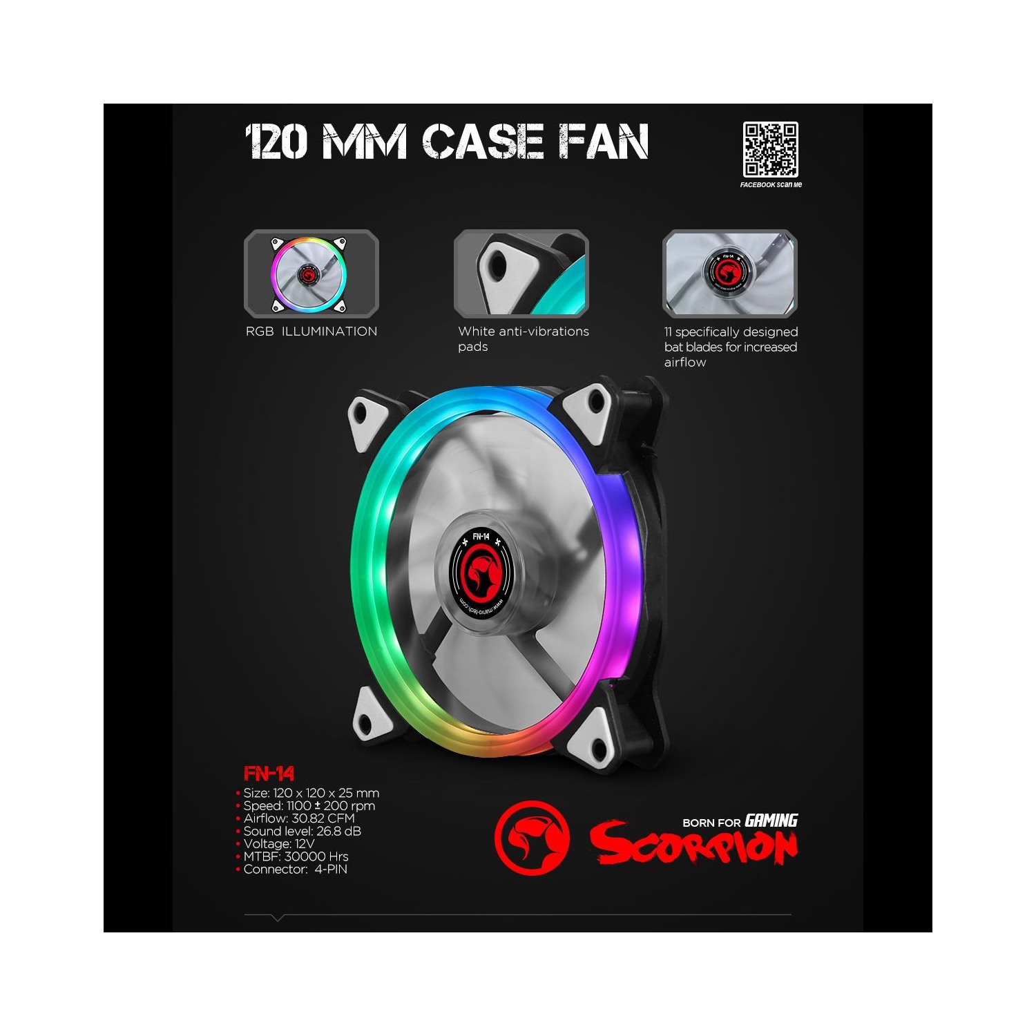 Marvo Pro - Case Cooling PC Fan, 120mm, 9 Blades & 15 RGB LEDs, Black