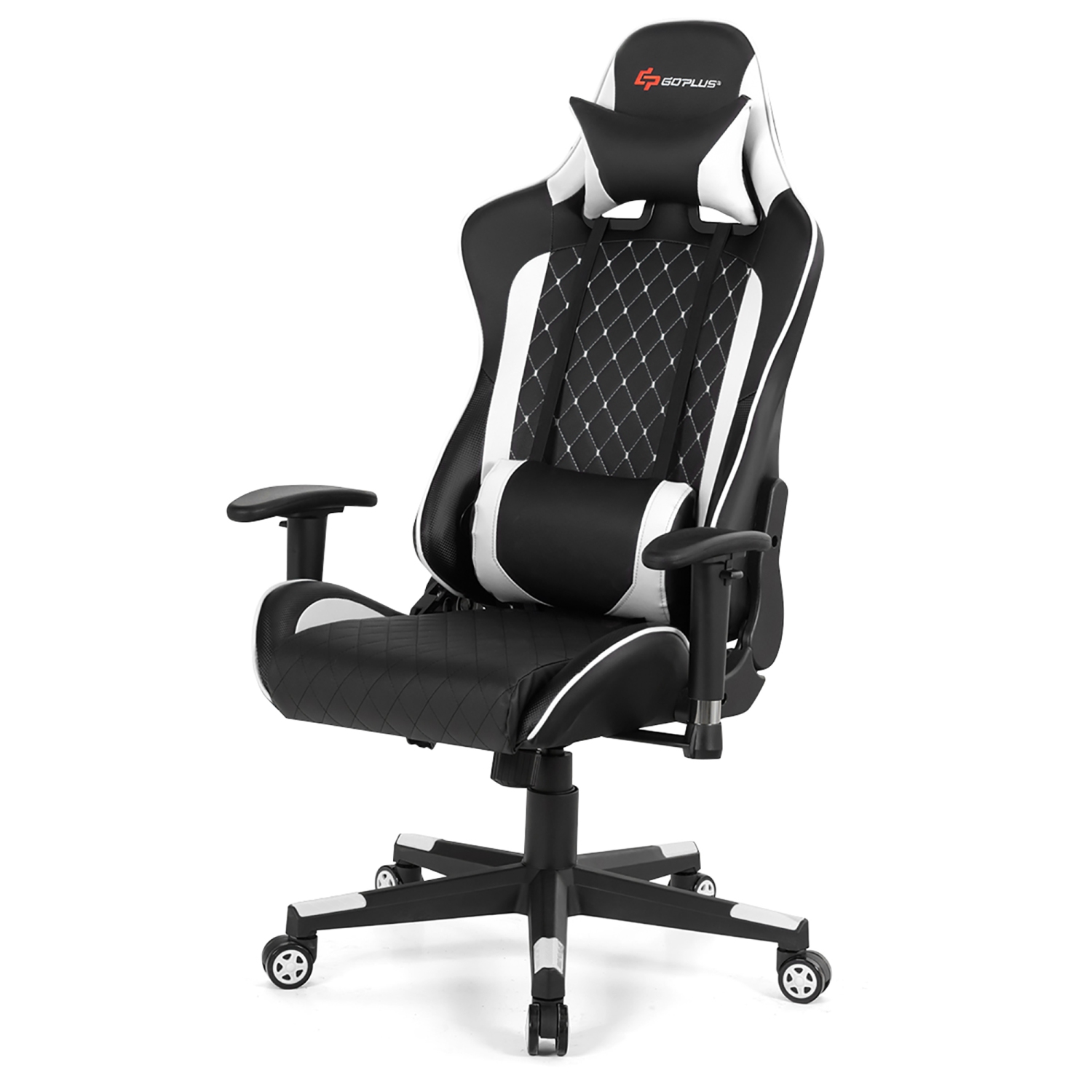 Fauteuil de jeu Premium avec fonction massage, fauteuil de course inclinable, soutien lombaire et appuie-tête de GoPlus - Blanc