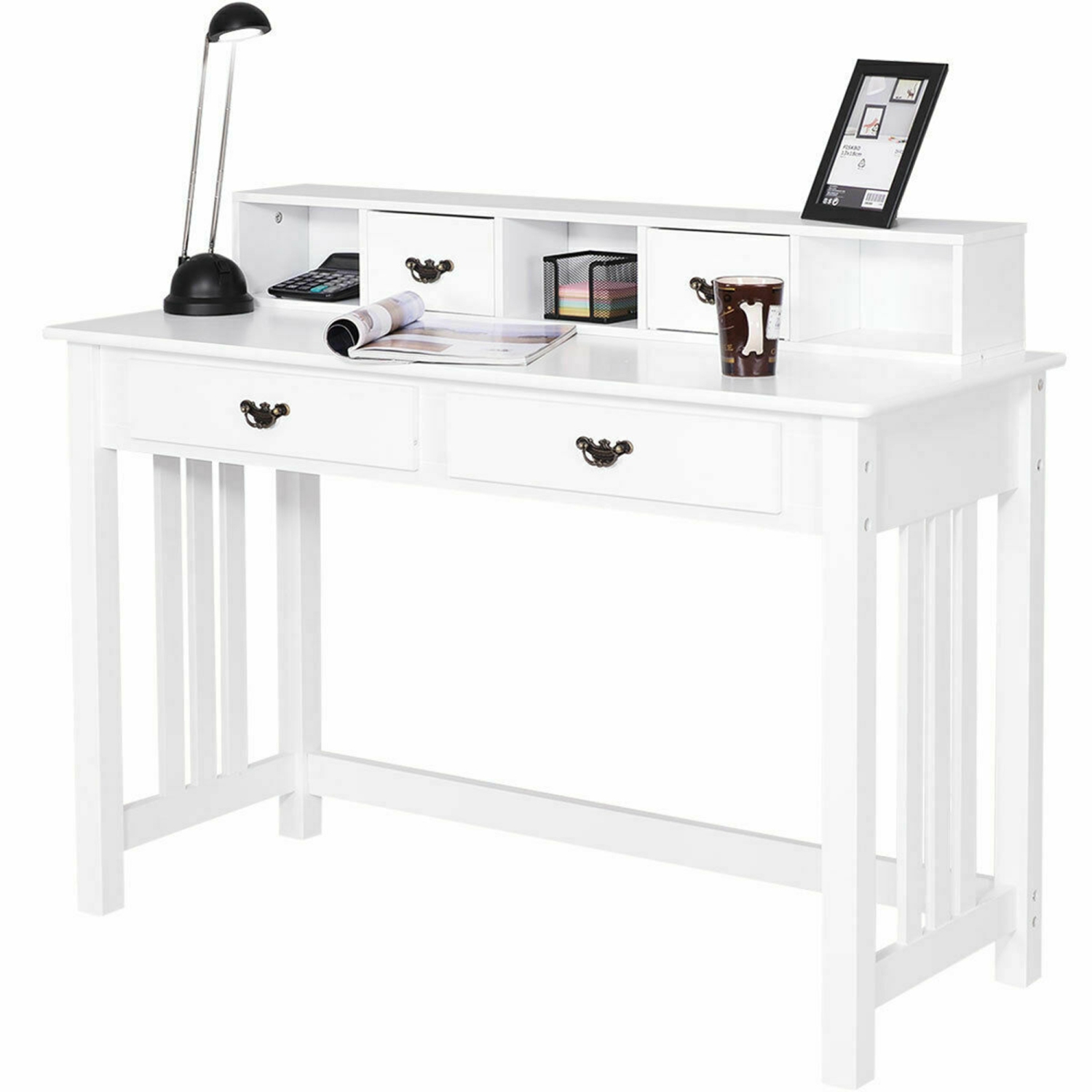 Costway Writing Desk Mission White Home Office Computer Desk 4 Drawer White
