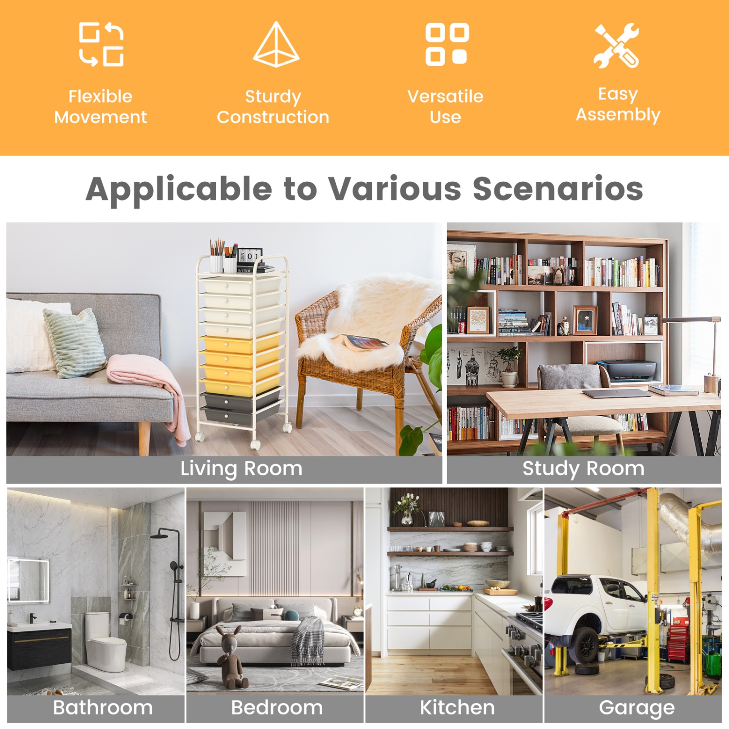 Costway 10 Drawer Rolling Storage Cart Scrapbook Paper Office School Organizer