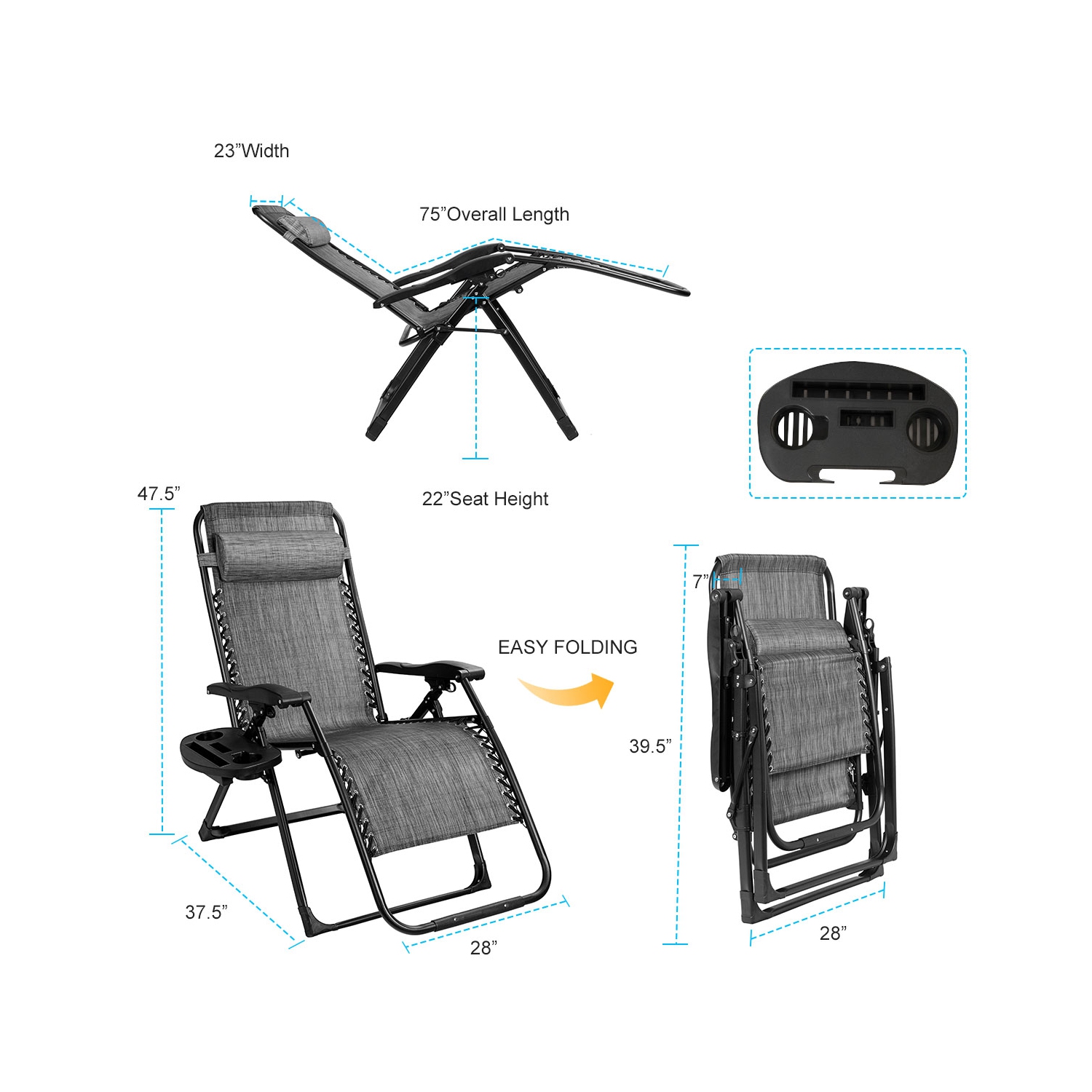 Marque Costway, Chaise à Zéro Gravité, Chaise longue surdimensionnée Très Résistante et Pliante Inclinable gris pour Patio