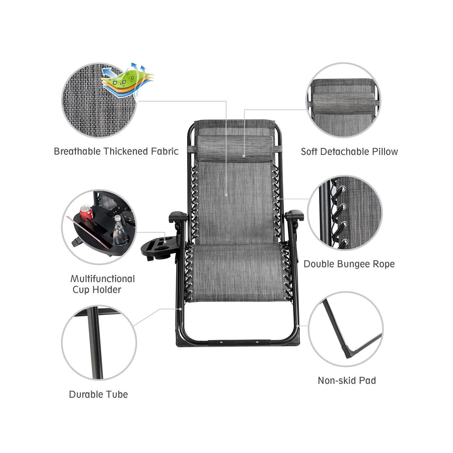 Marque Costway, Chaise à Zéro Gravité, Chaise longue surdimensionnée Très Résistante et Pliante Inclinable gris pour Patio