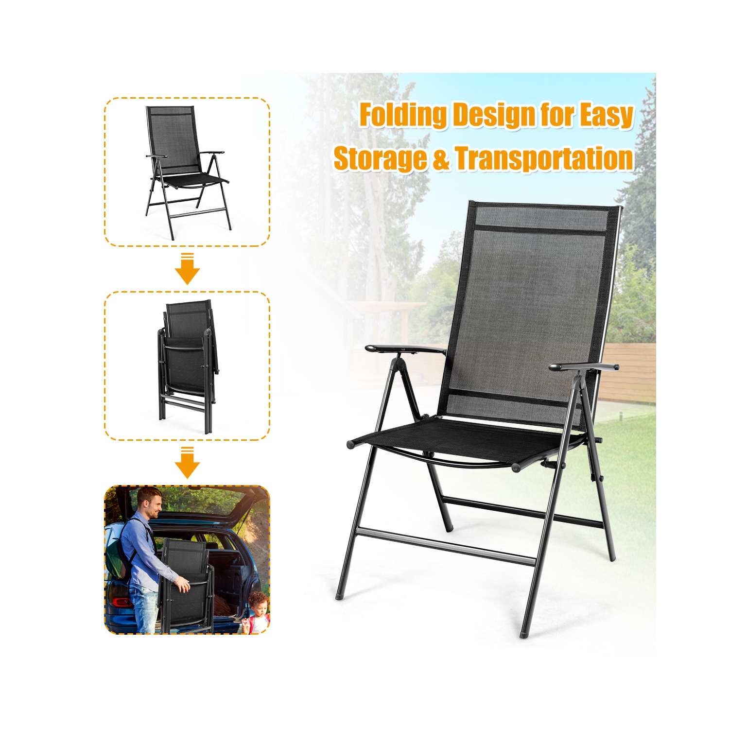 Costway Set of 2 Patio Folding Chair Recliner Adjustable Black