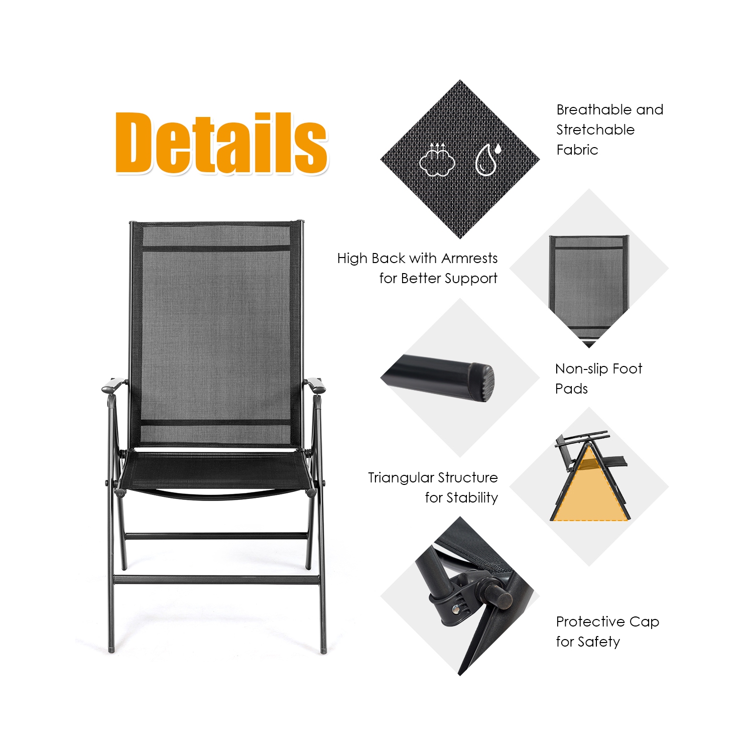 Costway Set of 2 Patio Folding Chair Recliner Adjustable Black