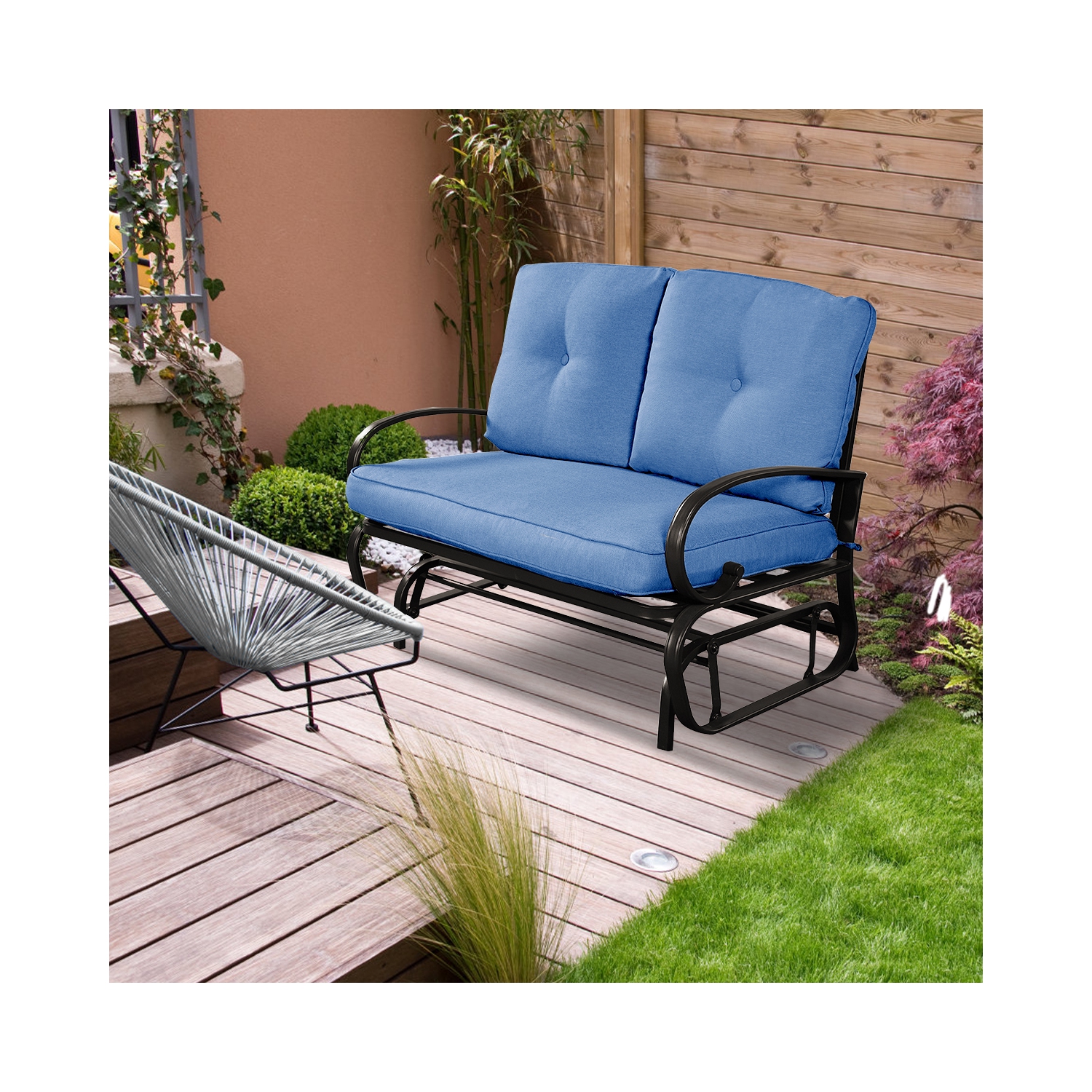 Costway Glider Outdoor Patio Rocking Bench Loveseat Cushioned Seat Steel Frame Blue