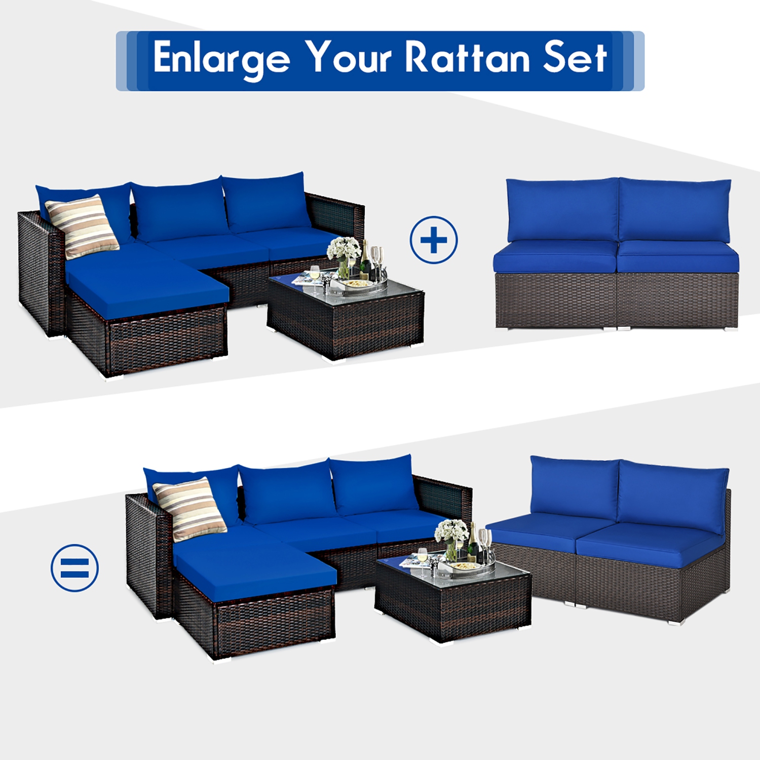 Costway 2PCS Patio Rattan Armless Sofa Sectional Furniture W/Navy Cushion