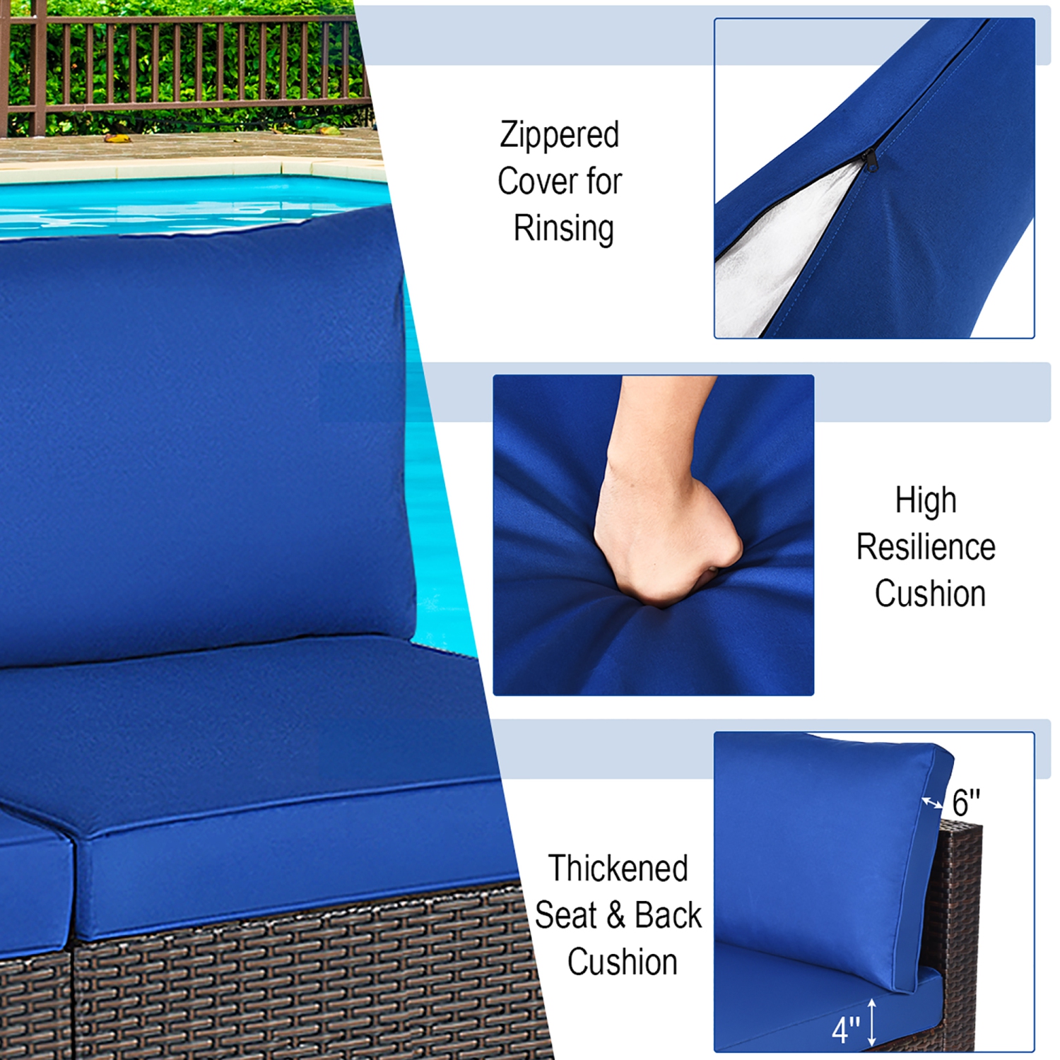 Costway Ensemble de 2 Pièces de Canapé de Terrasse Sans Accoudoirs en Rotin Avec Cousins Bleu Marine