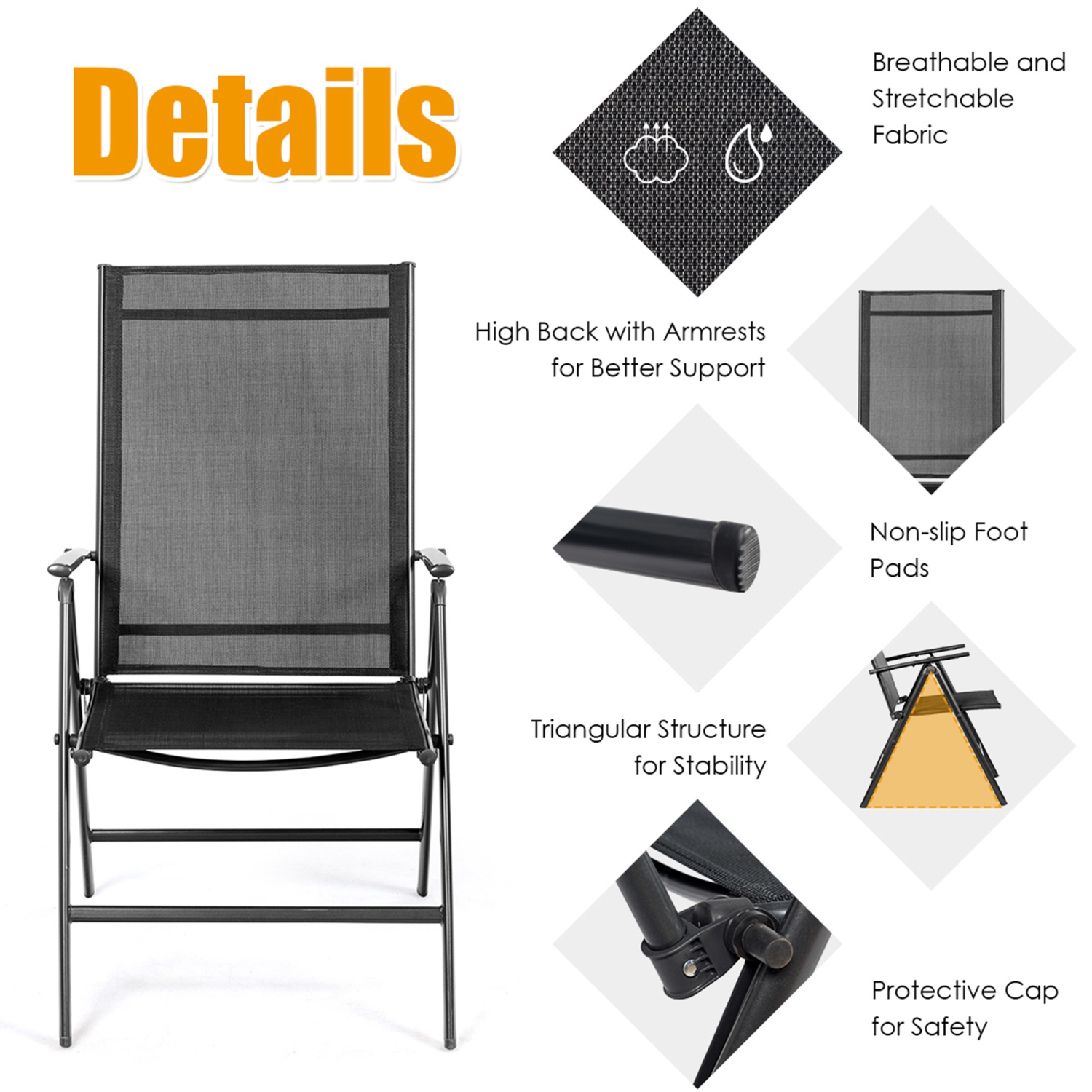 Costway 4PCS Patio Folding Dining Chair Recliner Adjustable Black