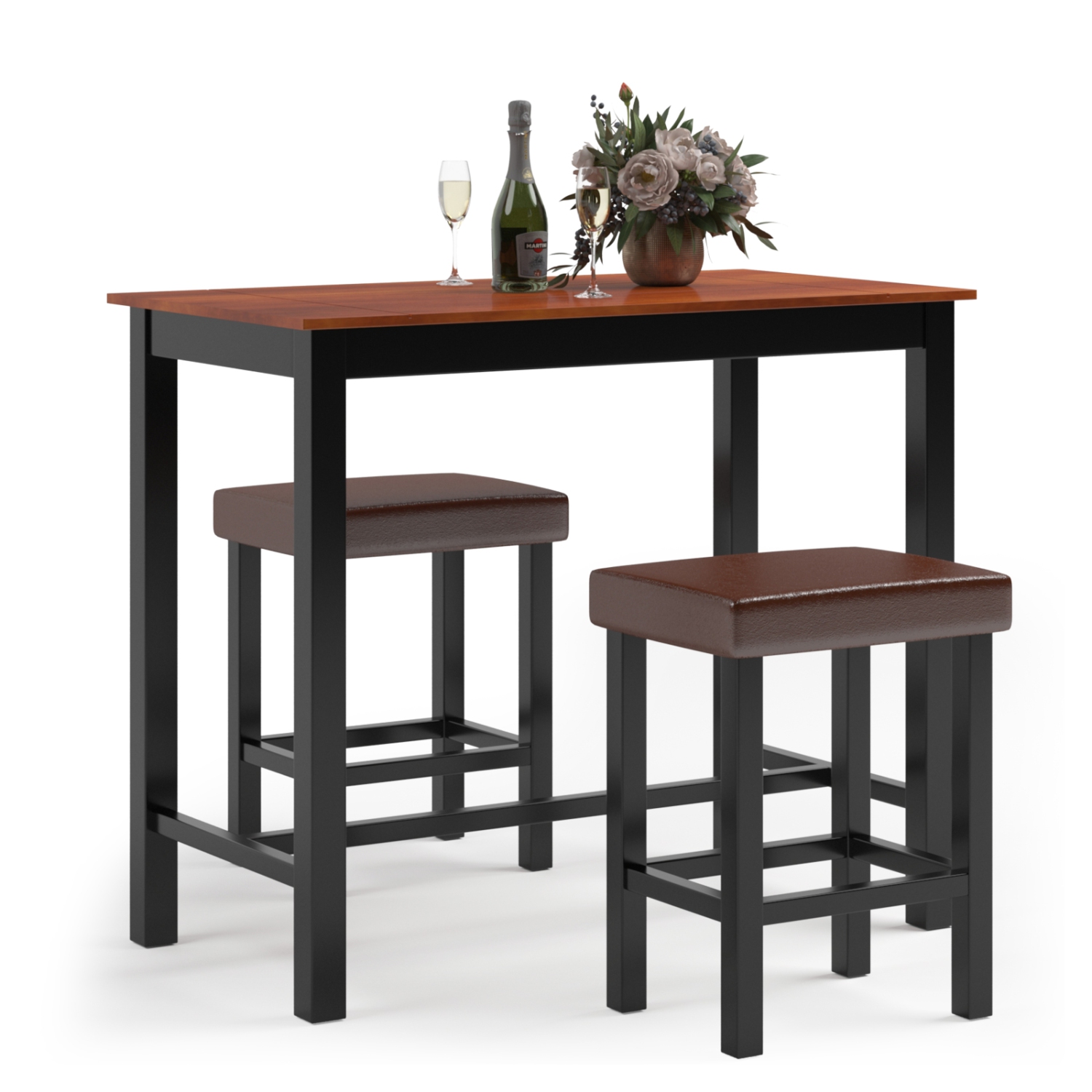 Costway 3 Piece Pub Table Set Counter Height Kitchen Breakfast Bar Dining Table w/Stools