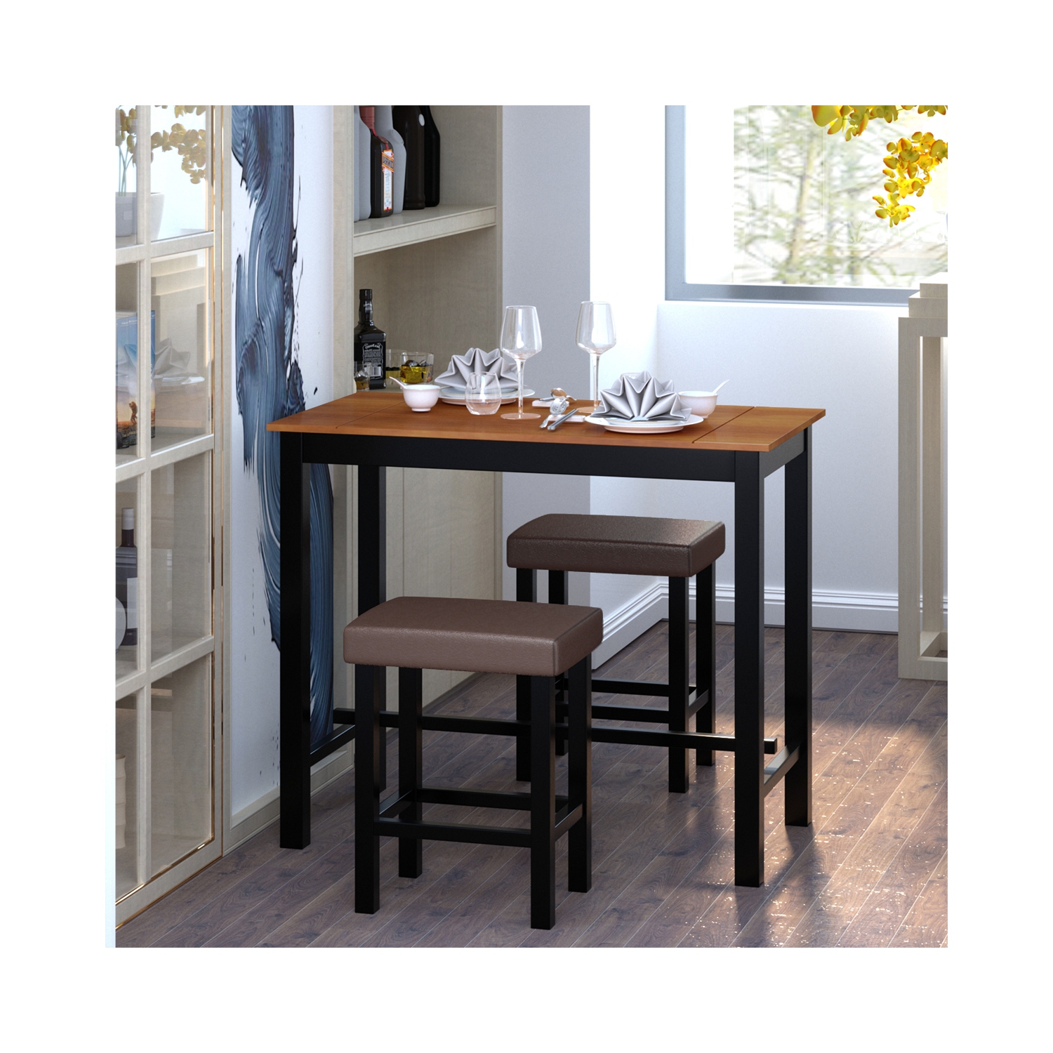 Costway 3 Piece Pub Table Set Counter Height Kitchen Breakfast Bar Dining Table w/Stools