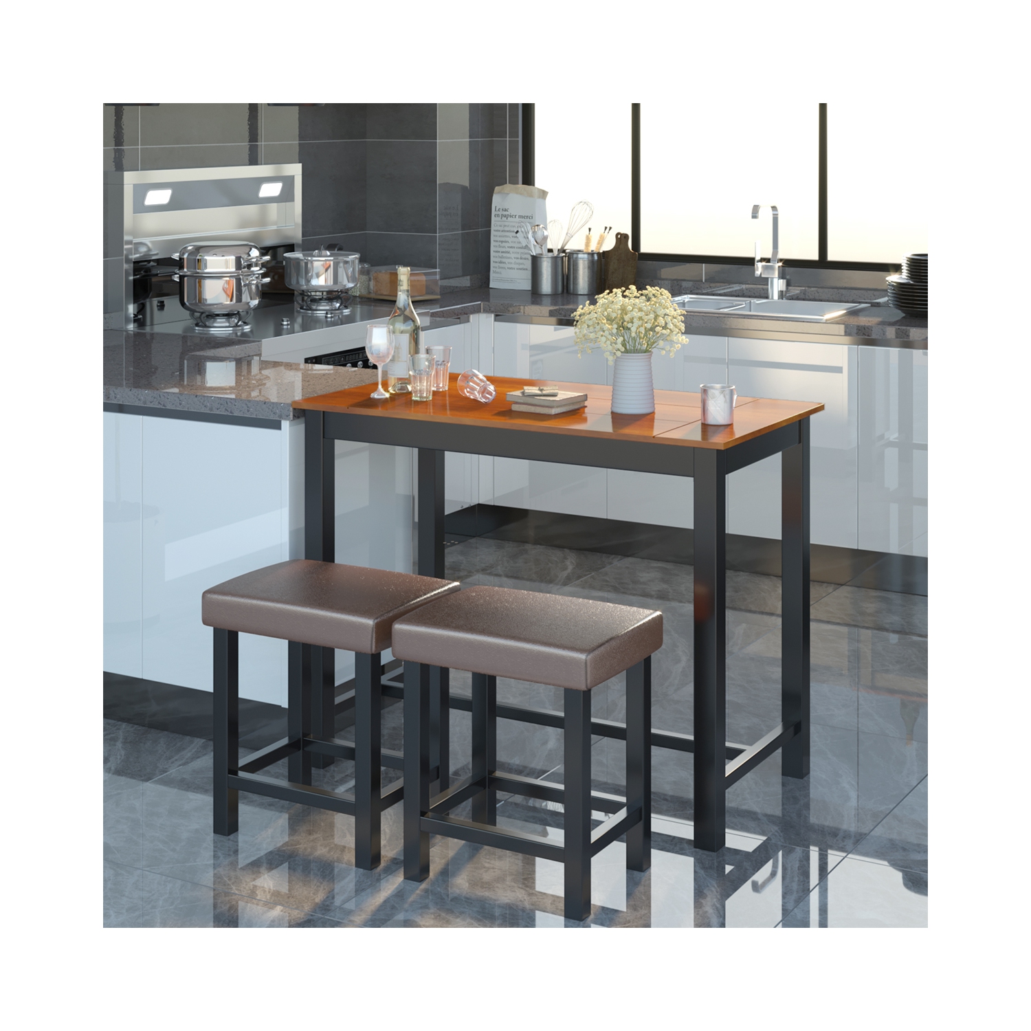 Costway 3 Piece Pub Table Set Counter Height Kitchen Breakfast Bar Dining Table w/Stools