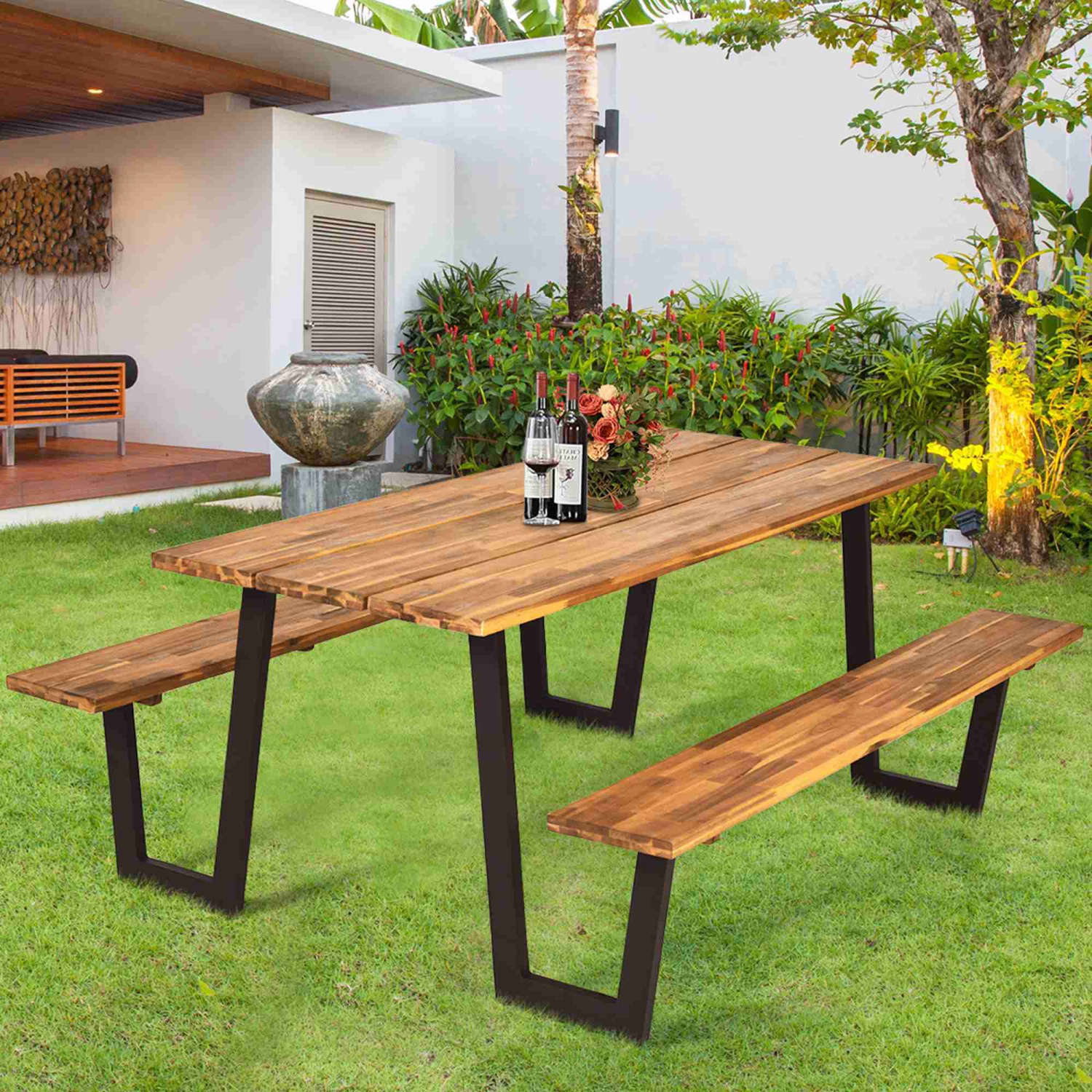 Costway Patented Picnic Table with 2 Benches 70'' Dining Table Set with Seats and Umbrella Hole