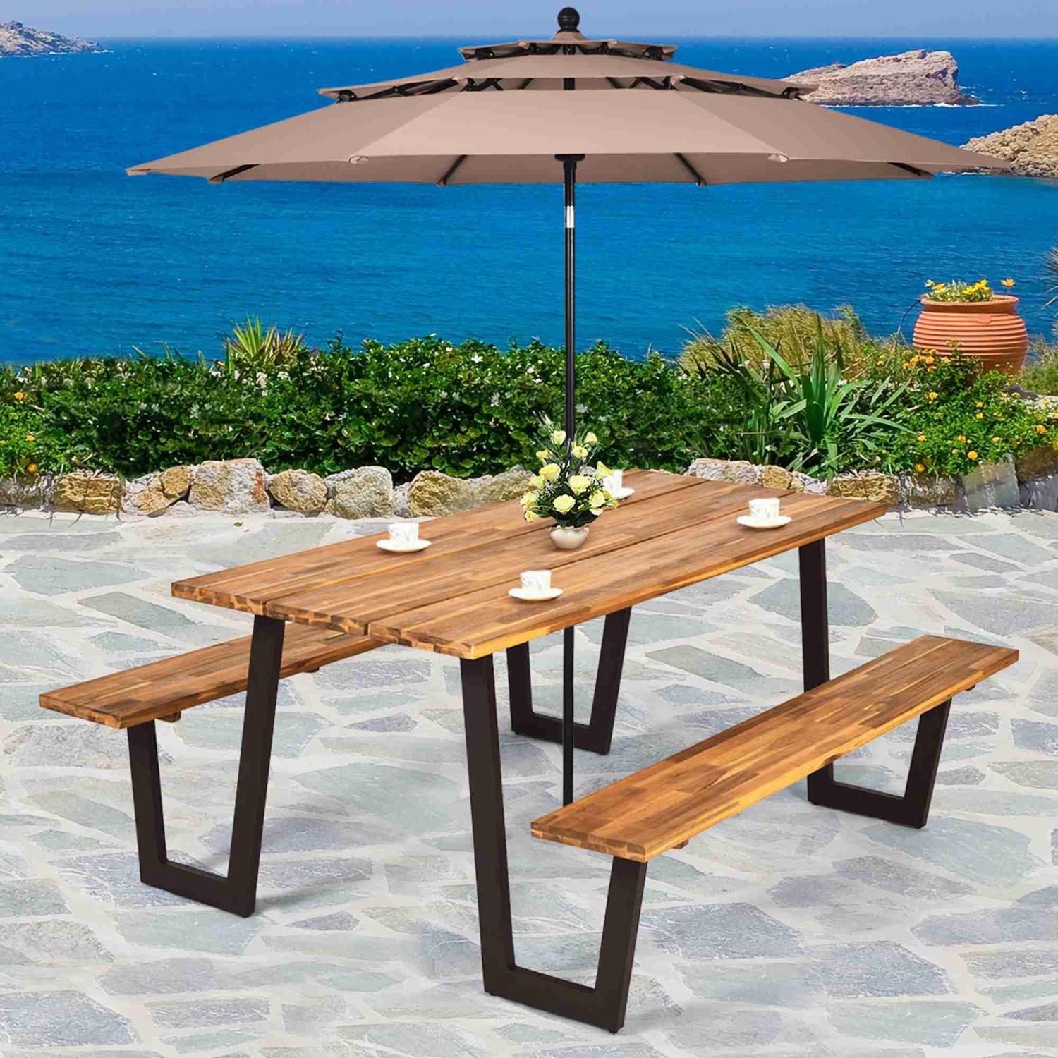 Costway Patented Picnic Table with 2 Benches 70'' Dining Table Set with Seats and Umbrella Hole