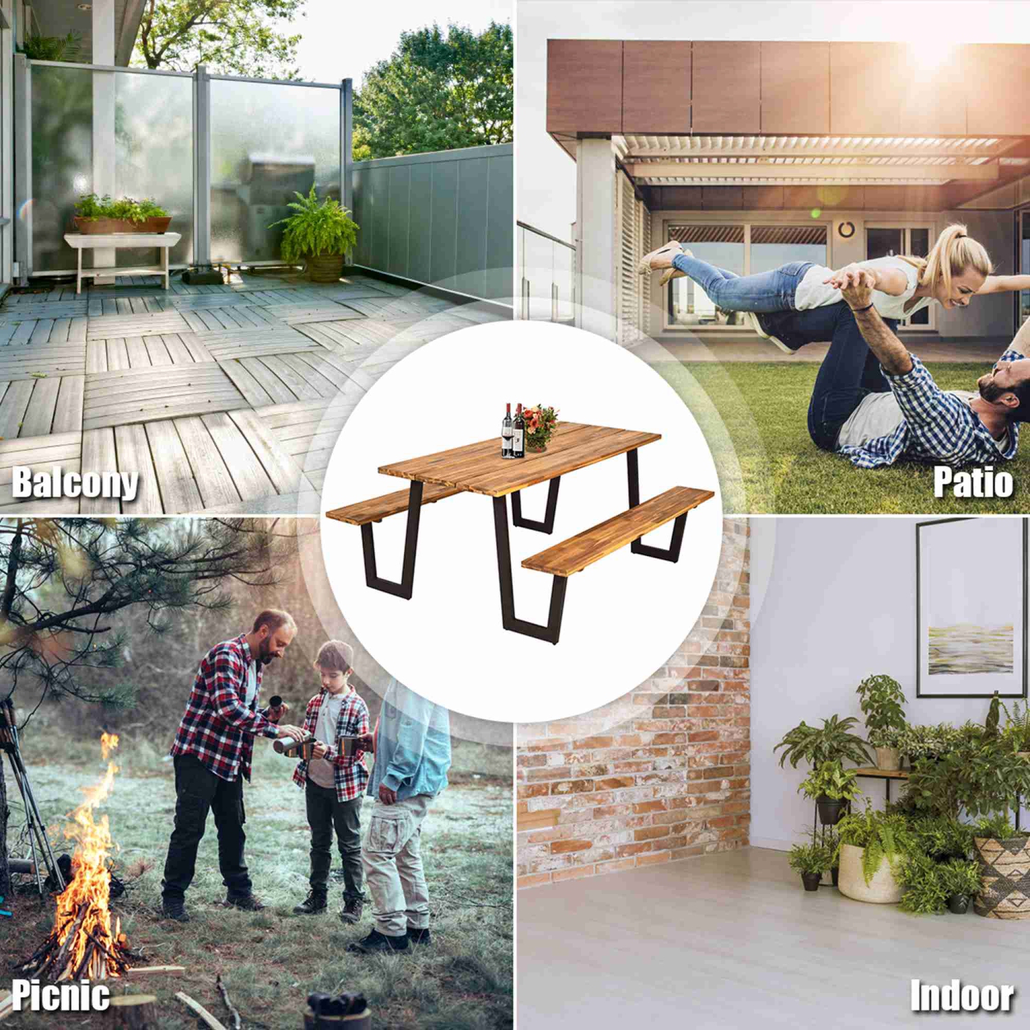 Costway Patented Picnic Table with 2 Benches 70'' Dining Table Set with Seats and Umbrella Hole