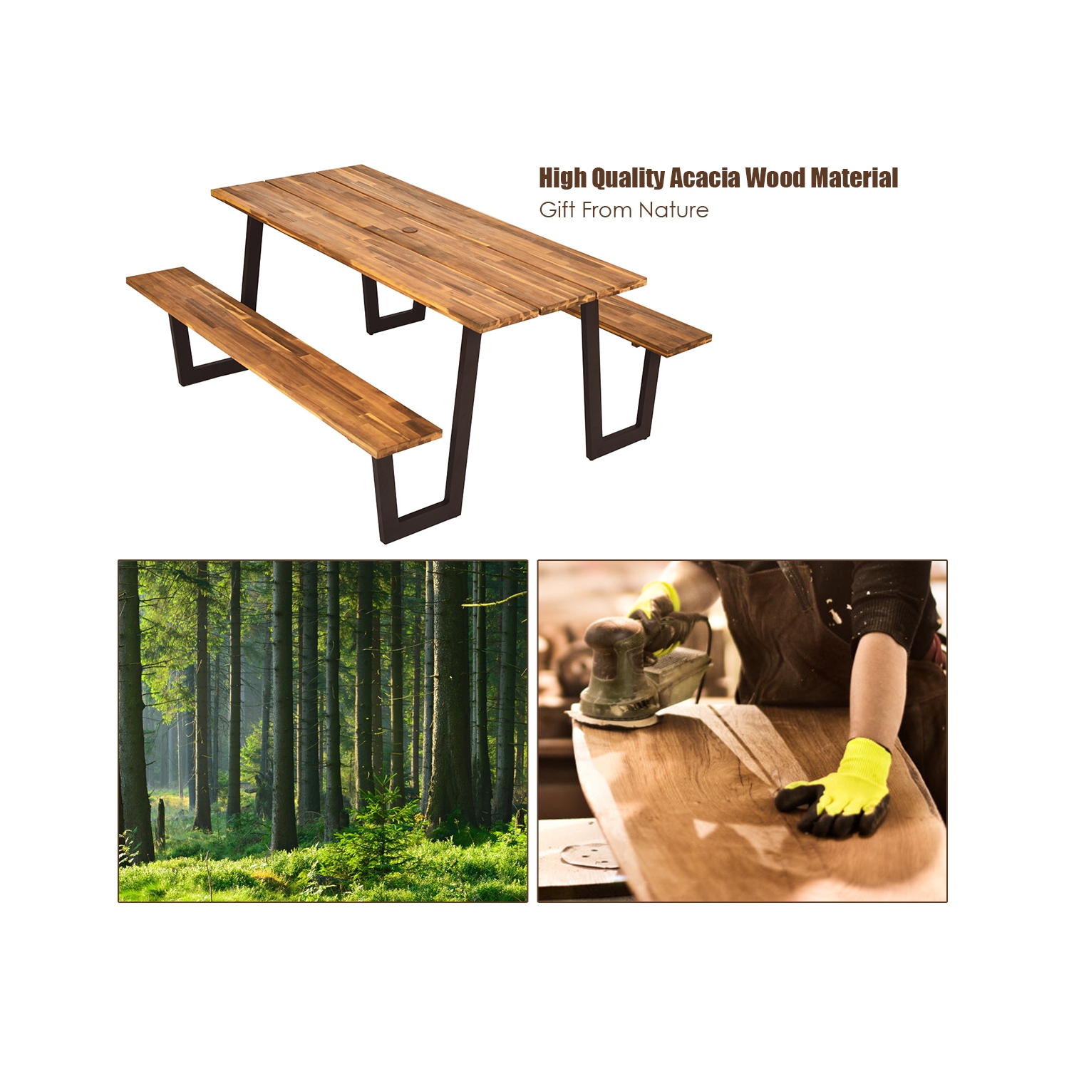 Costway Patented Picnic Table with 2 Benches 70'' Dining Table Set with Seats and Umbrella Hole