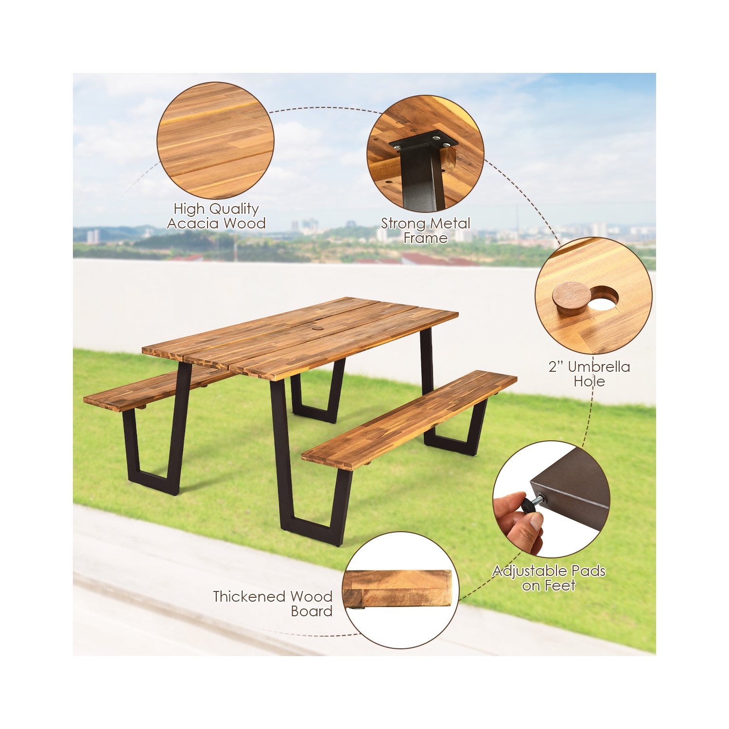 Costway Patented Picnic Table with 2 Benches 70'' Dining Table Set with Seats and Umbrella Hole
