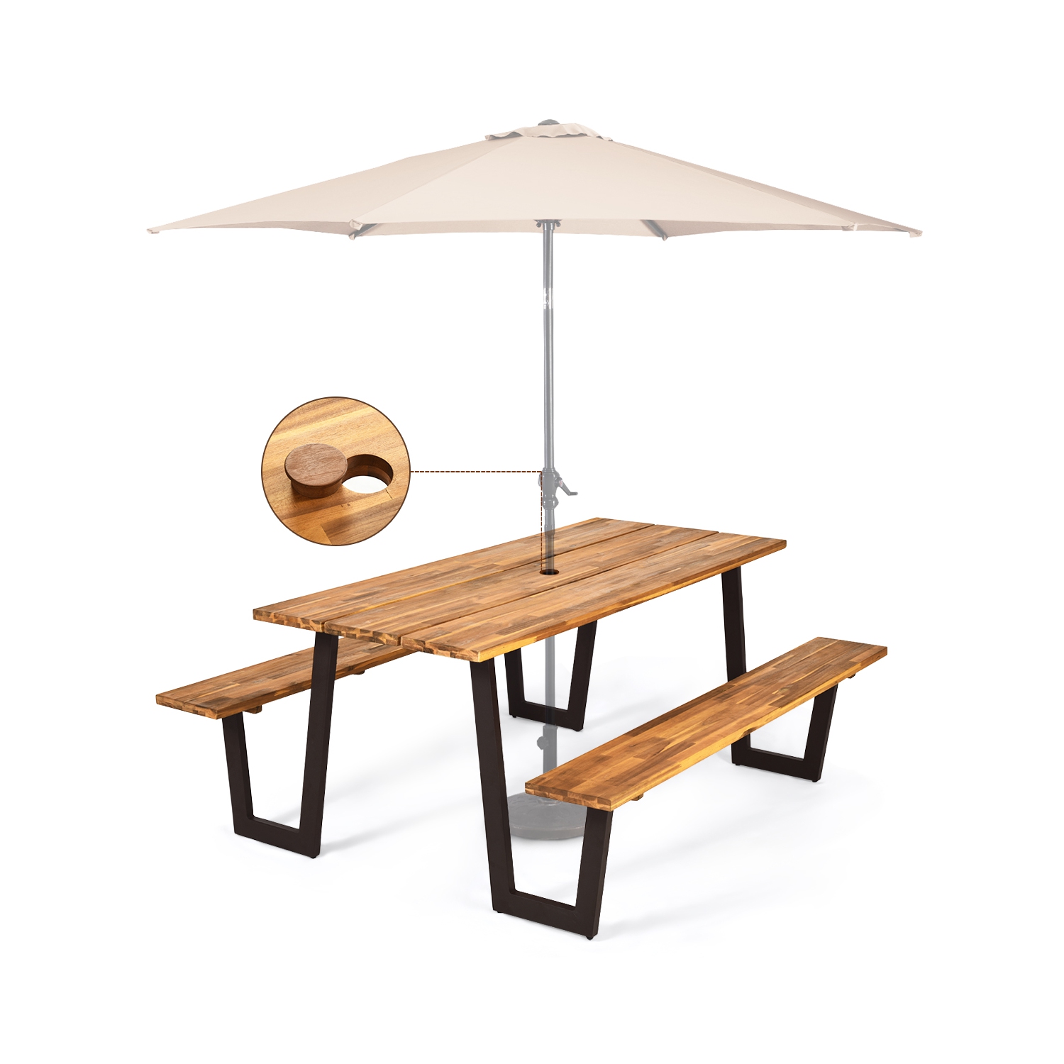Costway Patented Picnic Table with 2 Benches 70'' Dining Table Set with Seats and Umbrella Hole