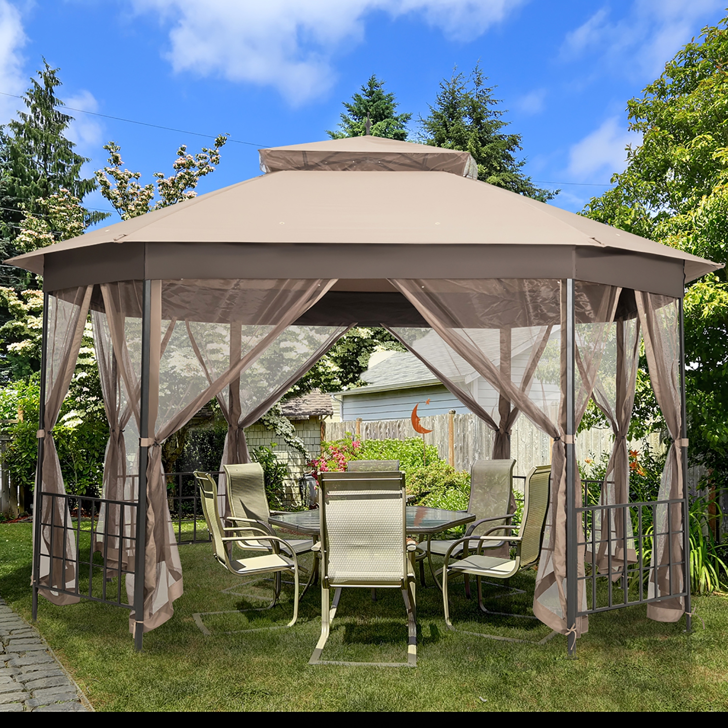 Marque Costway 304,8 cm x 365,7 cm Gazebo de patio Octogonal avec double auvent et Parois latérales en filets