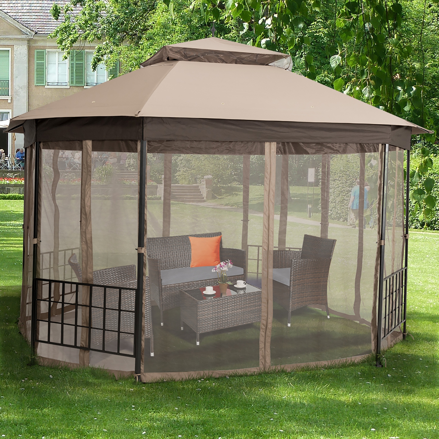 Marque Costway 304,8 cm x 365,7 cm Gazebo de patio Octogonal avec double auvent et Parois latérales en filets
