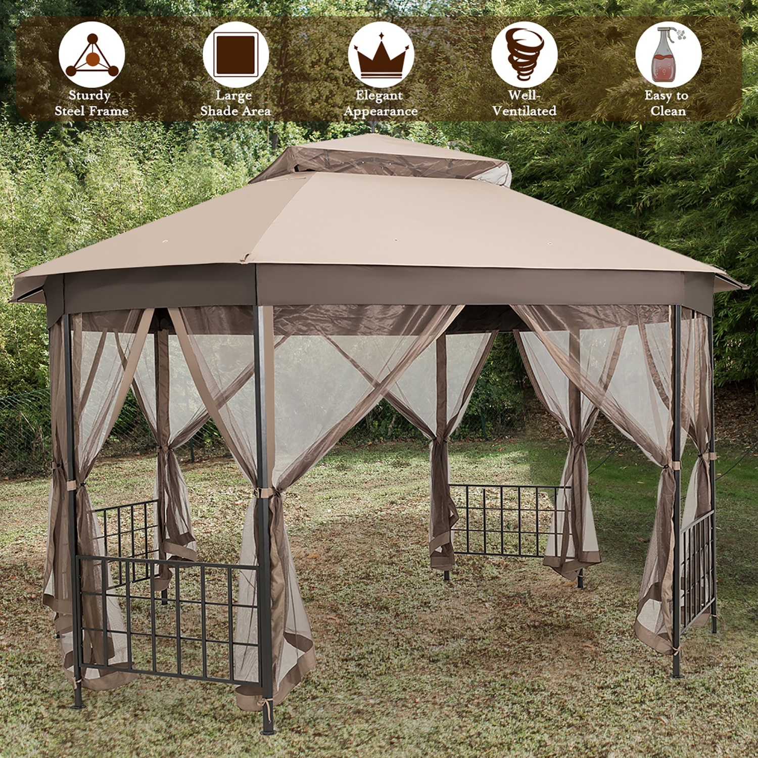 Marque Costway 304,8 cm x 365,7 cm Gazebo de patio Octogonal avec double auvent et Parois latérales en filets