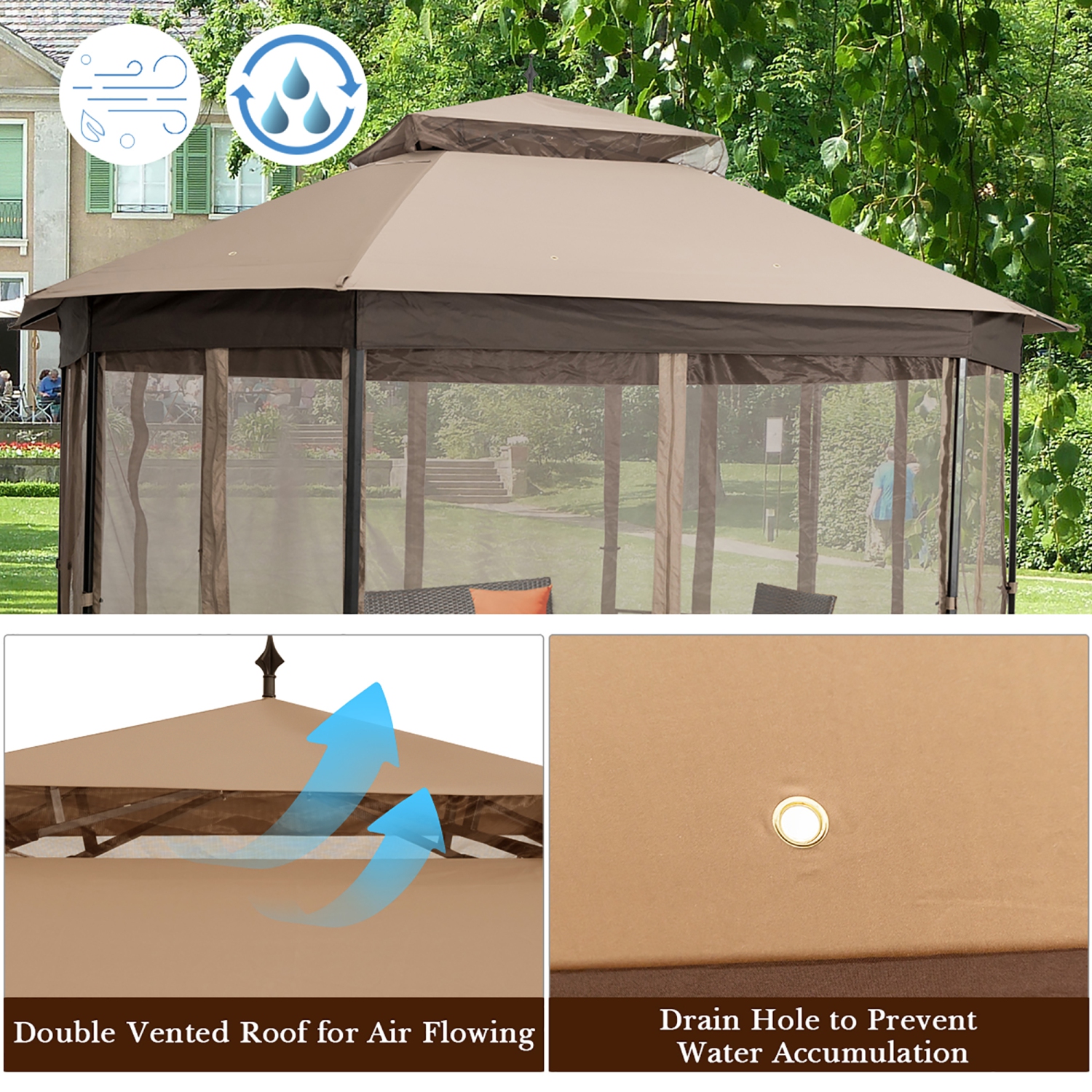 Marque Costway 304,8 cm x 365,7 cm Gazebo de patio Octogonal avec double auvent et Parois latérales en filets