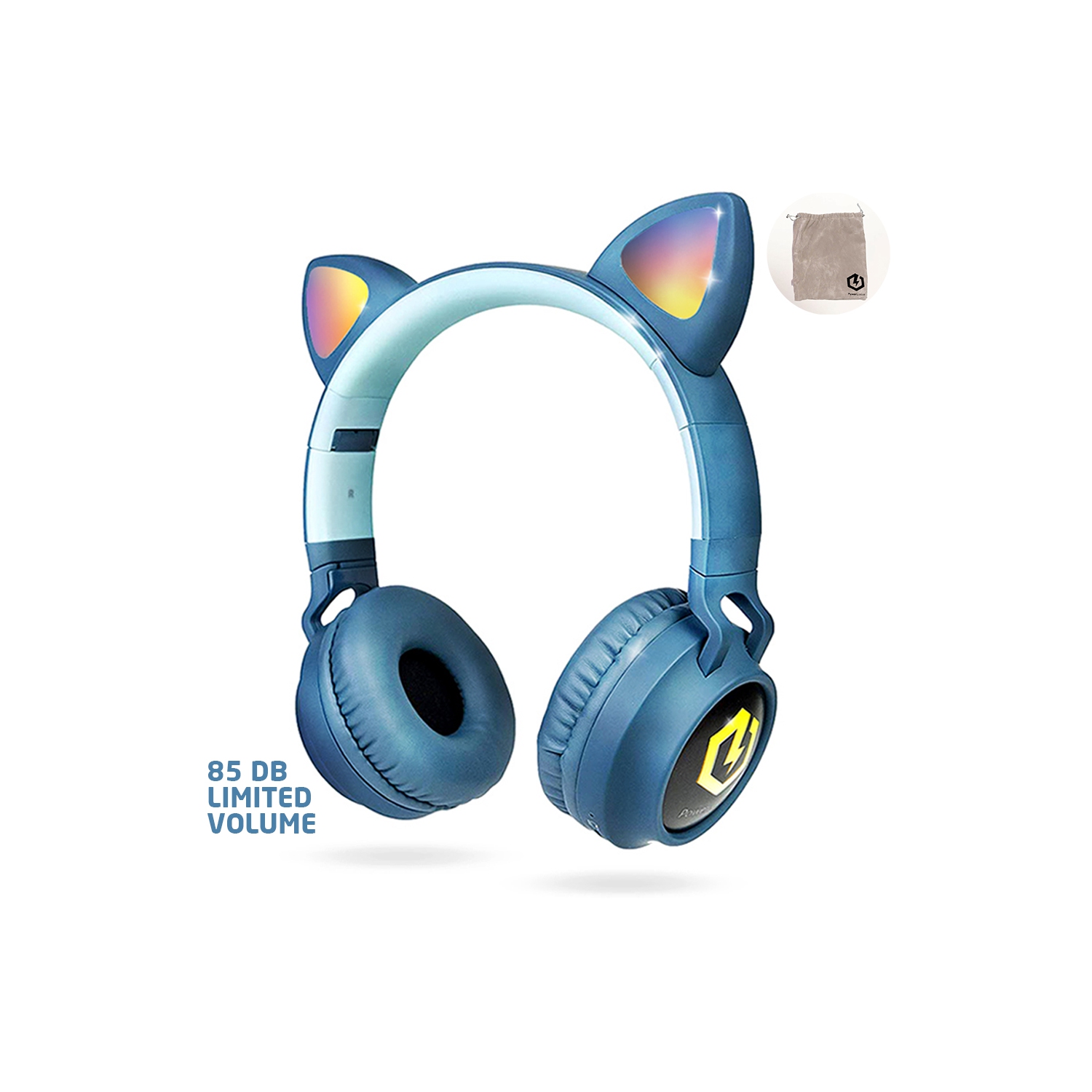 PowerLocus Buddy Headphones for Kids, 85db Volume Limit, LED lights Cat Ears, Micro SD slot - Blue