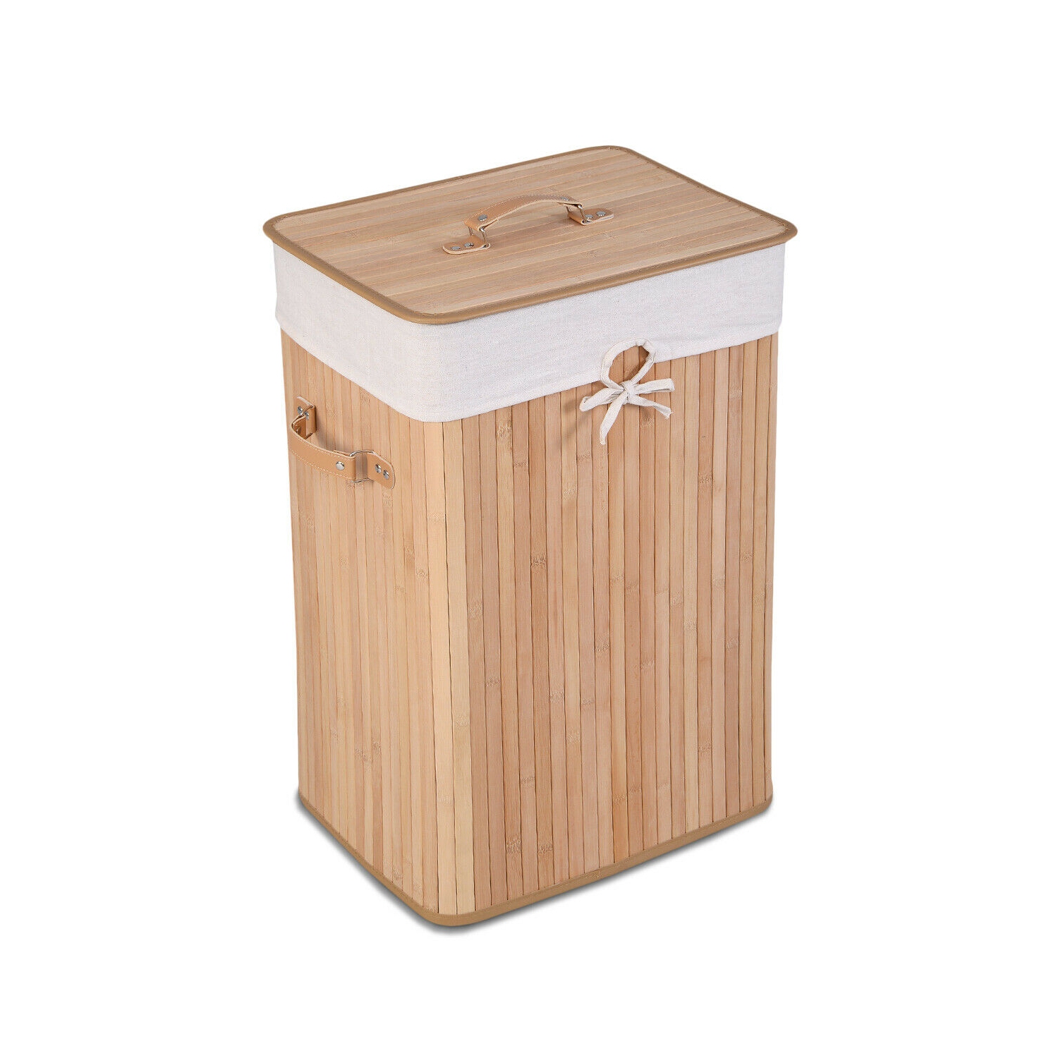 Costway Rectangle Bamboo Hamper Laundry Basket Washing Cloth Bin Storage Bag Lid Natural