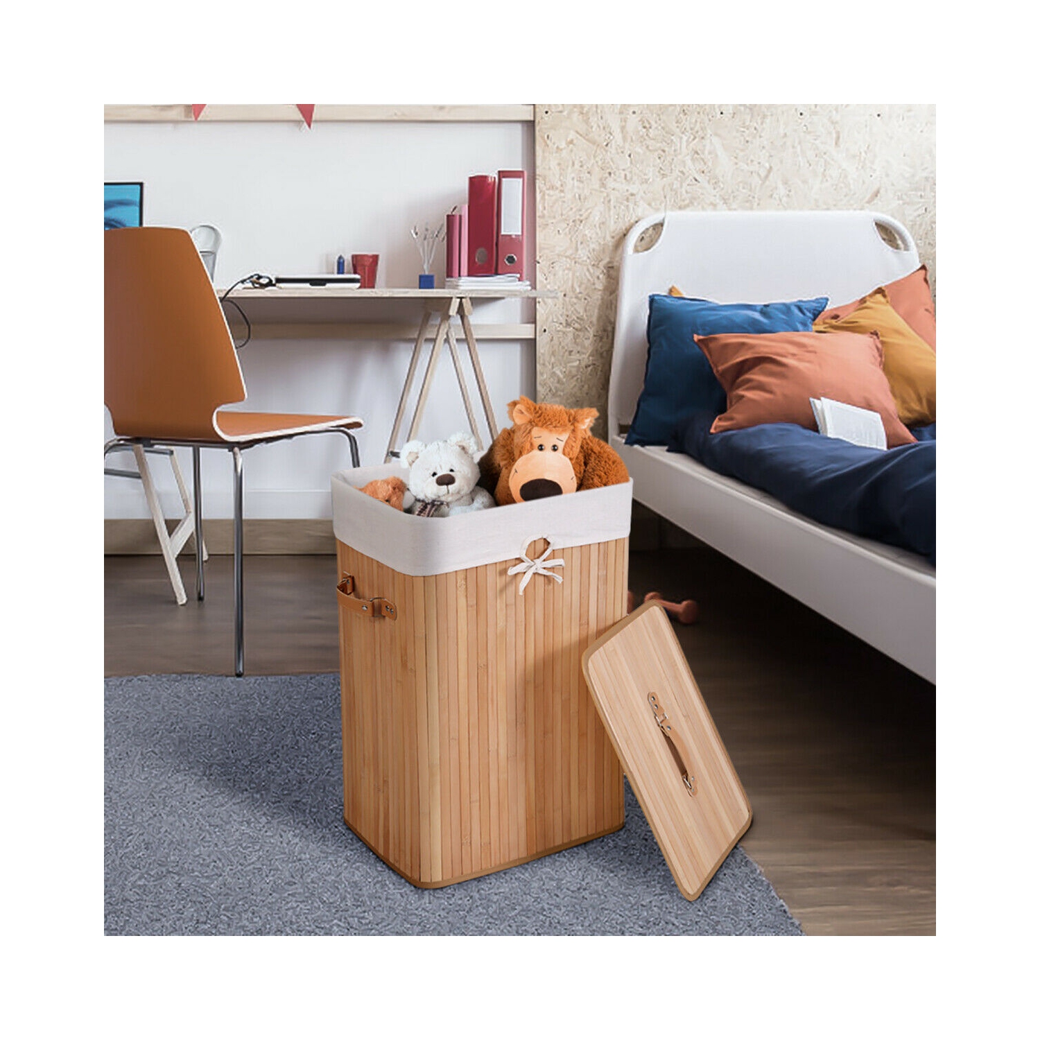 Costway Rectangle Bamboo Hamper Laundry Basket Washing Cloth Bin Storage Bag Lid Natural