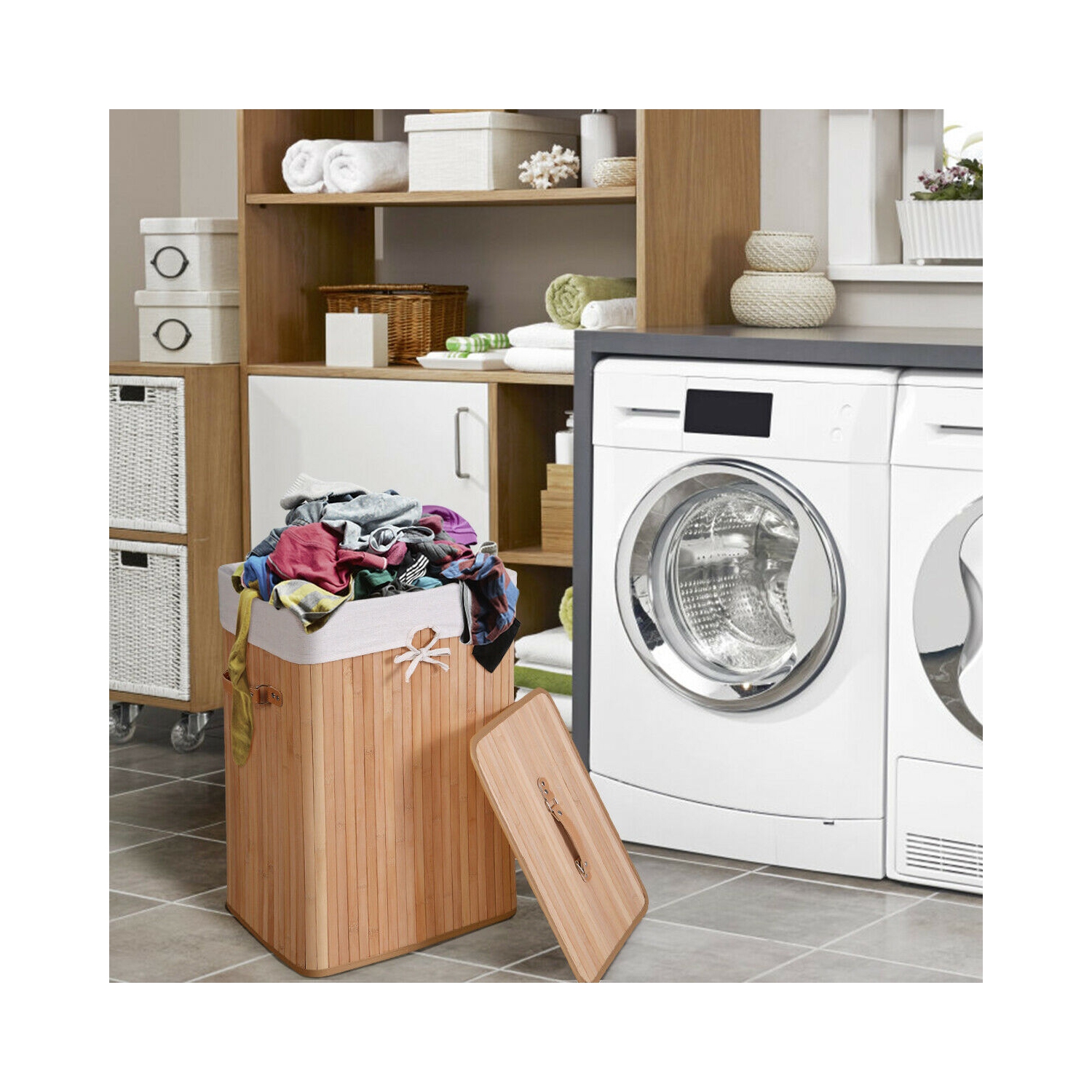 Costway Rectangle Bamboo Hamper Laundry Basket Washing Cloth Bin Storage Bag Lid Natural