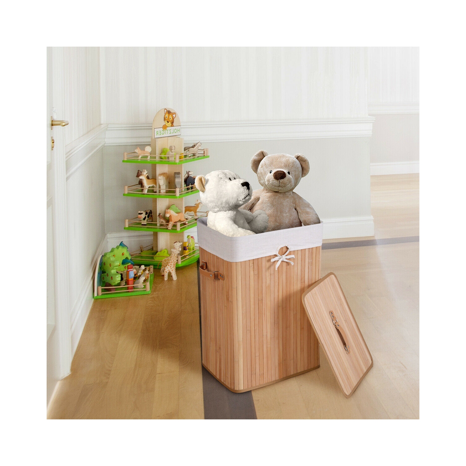 Costway Rectangle Bamboo Hamper Laundry Basket Washing Cloth Bin Storage Bag Lid Natural