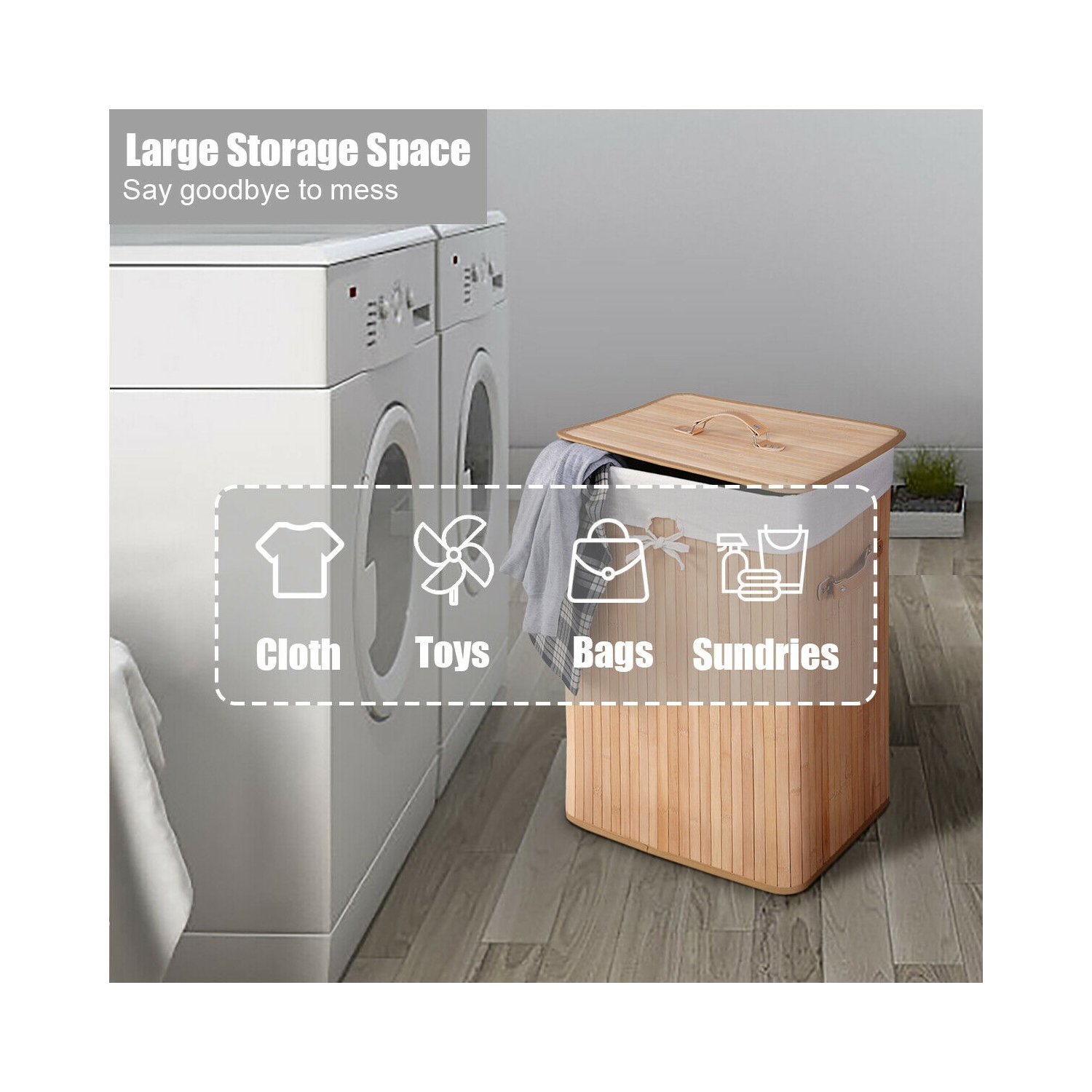 Costway Rectangle Bamboo Hamper Laundry Basket Washing Cloth Bin Storage Bag Lid Natural