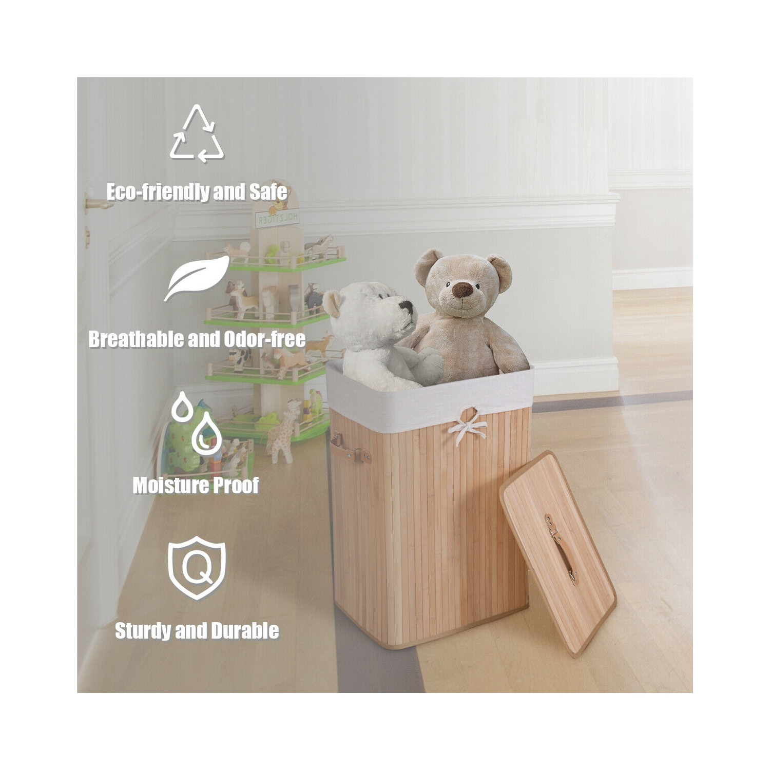 Costway Rectangle Bamboo Hamper Laundry Basket Washing Cloth Bin Storage Bag Lid Natural