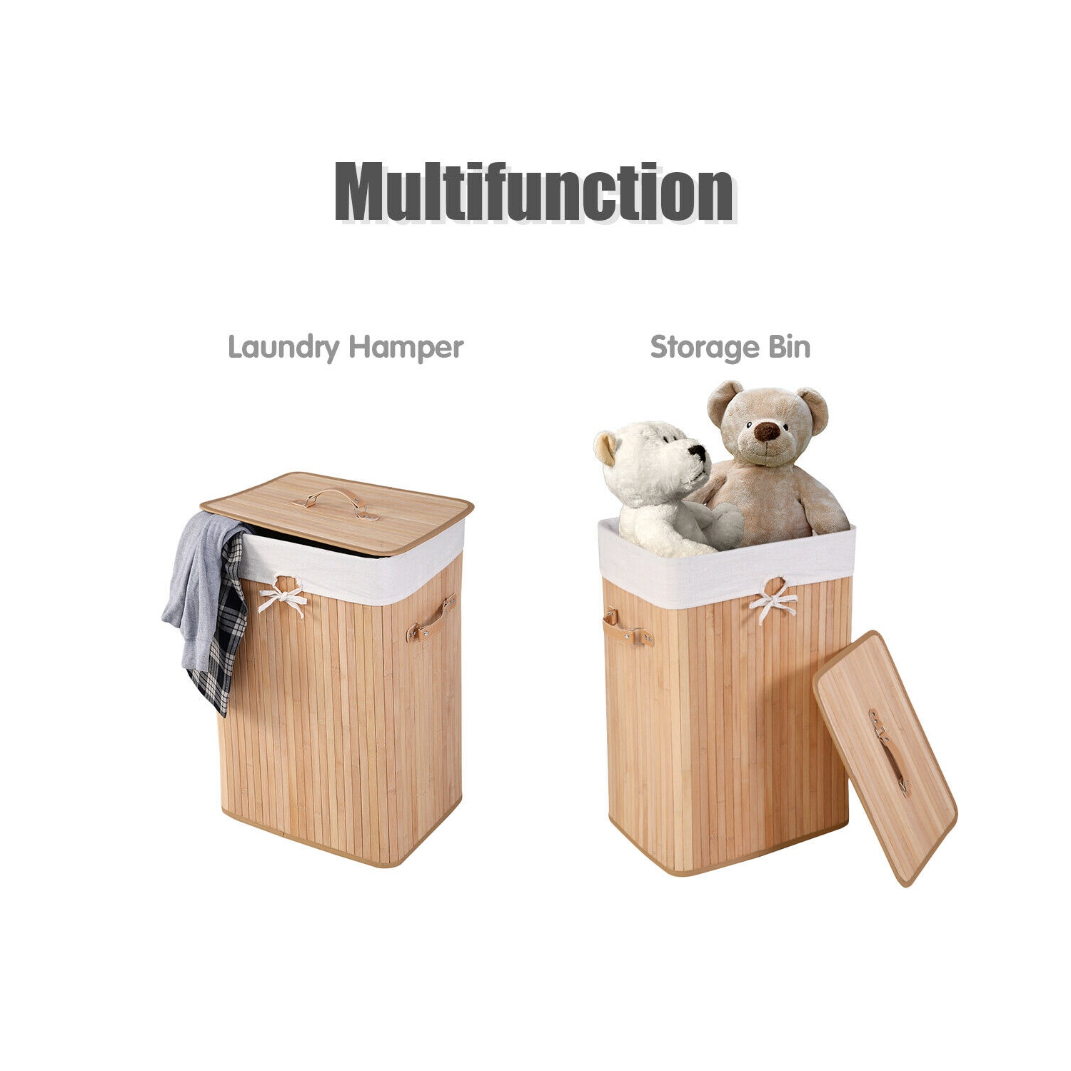 Costway Rectangle Bamboo Hamper Laundry Basket Washing Cloth Bin Storage Bag Lid Natural
