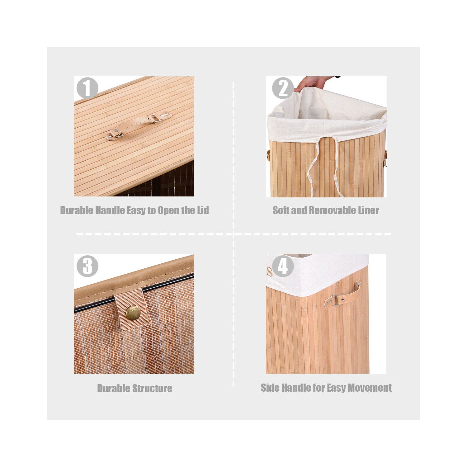 Costway Rectangle Bamboo Hamper Laundry Basket Washing Cloth Bin Storage Bag Lid Natural