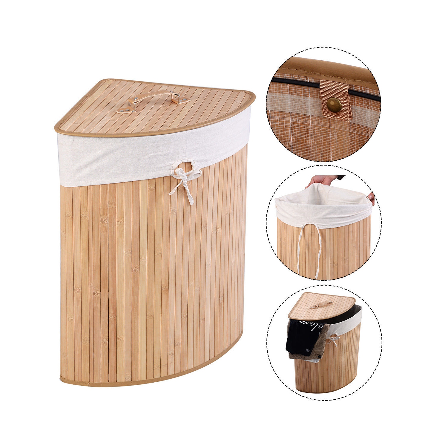 Panier à linge de coin en bambou de Costway Panier à linge Lavage en tissu Bac de rangement Couvercle naturel