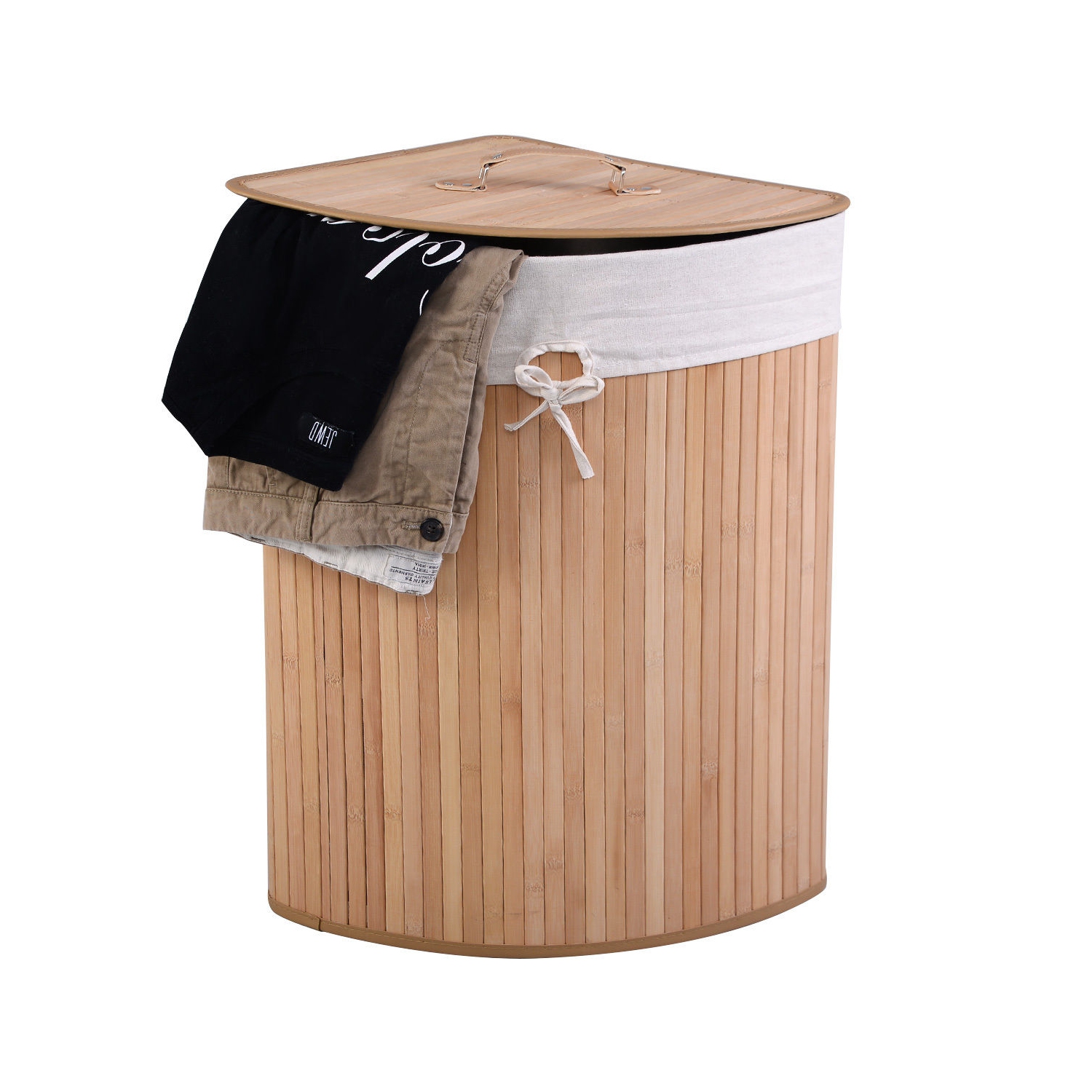 Panier à linge de coin en bambou de Costway Panier à linge Lavage en tissu Bac de rangement Couvercle naturel