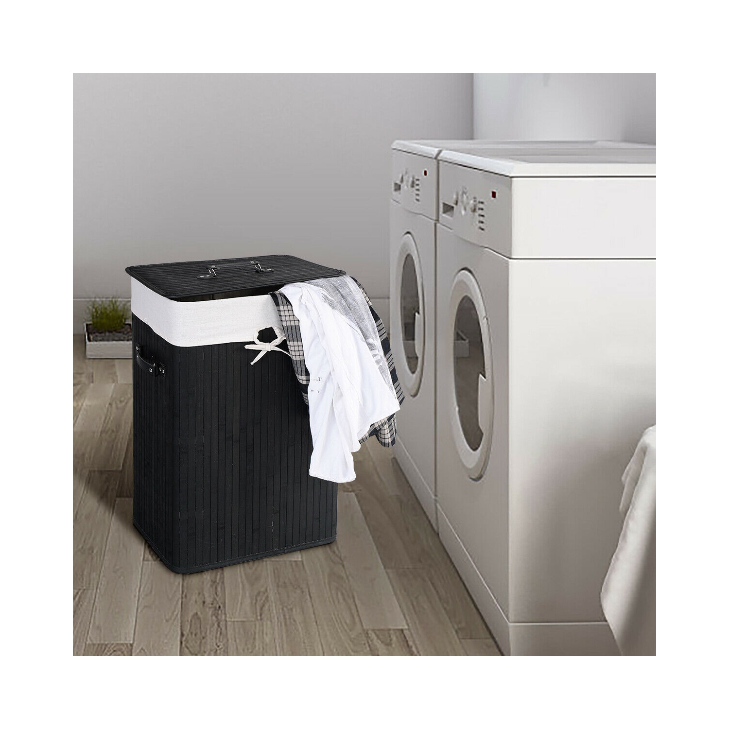 Costway Rectangle Bamboo Hamper Laundry Basket Washing Cloth Bin Rangier Lid Black