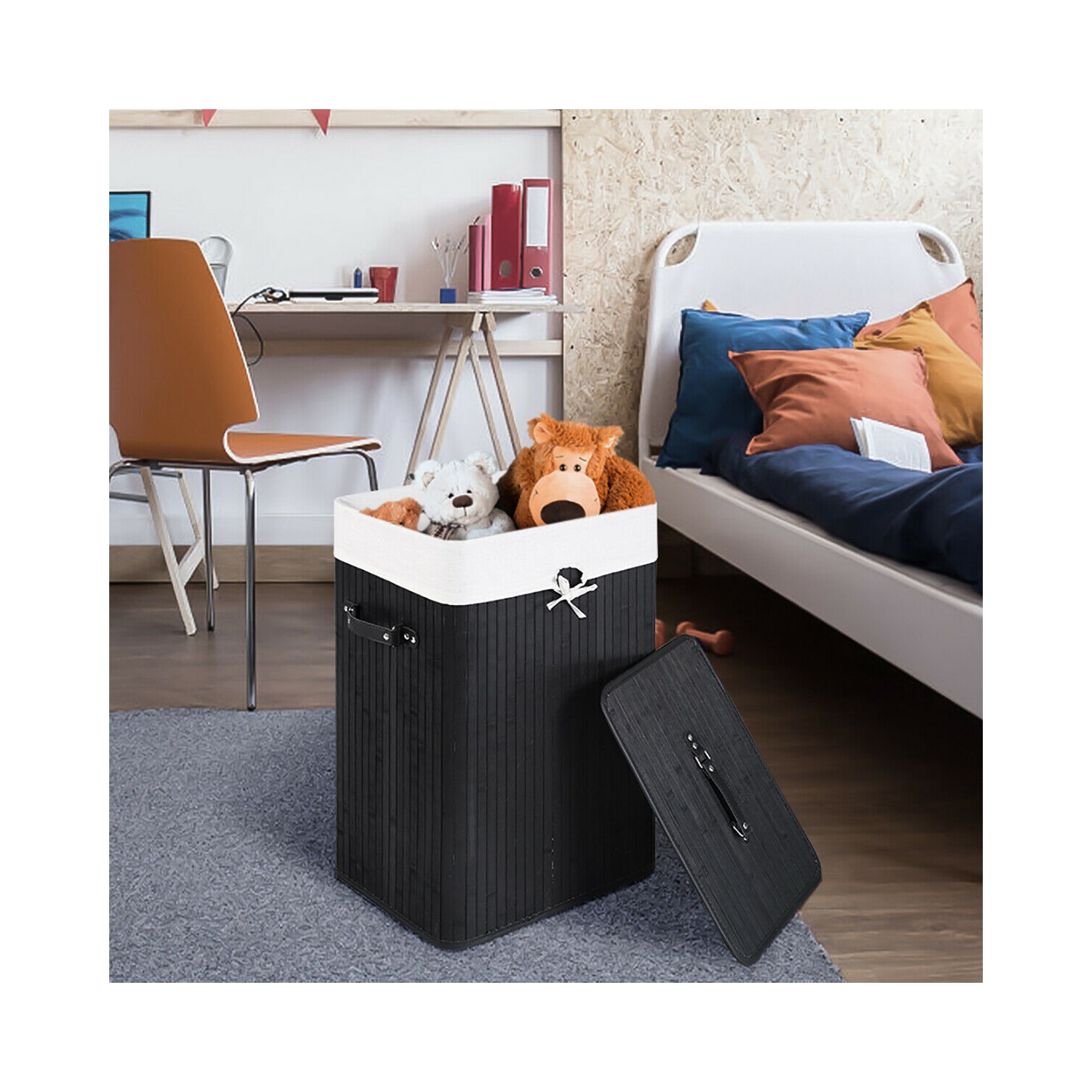 Costway Rectangle Bamboo Hamper Laundry Basket Washing Cloth Bin Rangier Lid Black