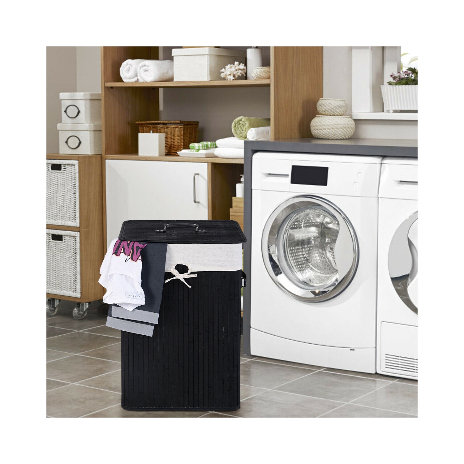 Costway Rectangle Bamboo Hamper Laundry Basket Washing Cloth Bin Rangier Lid Black