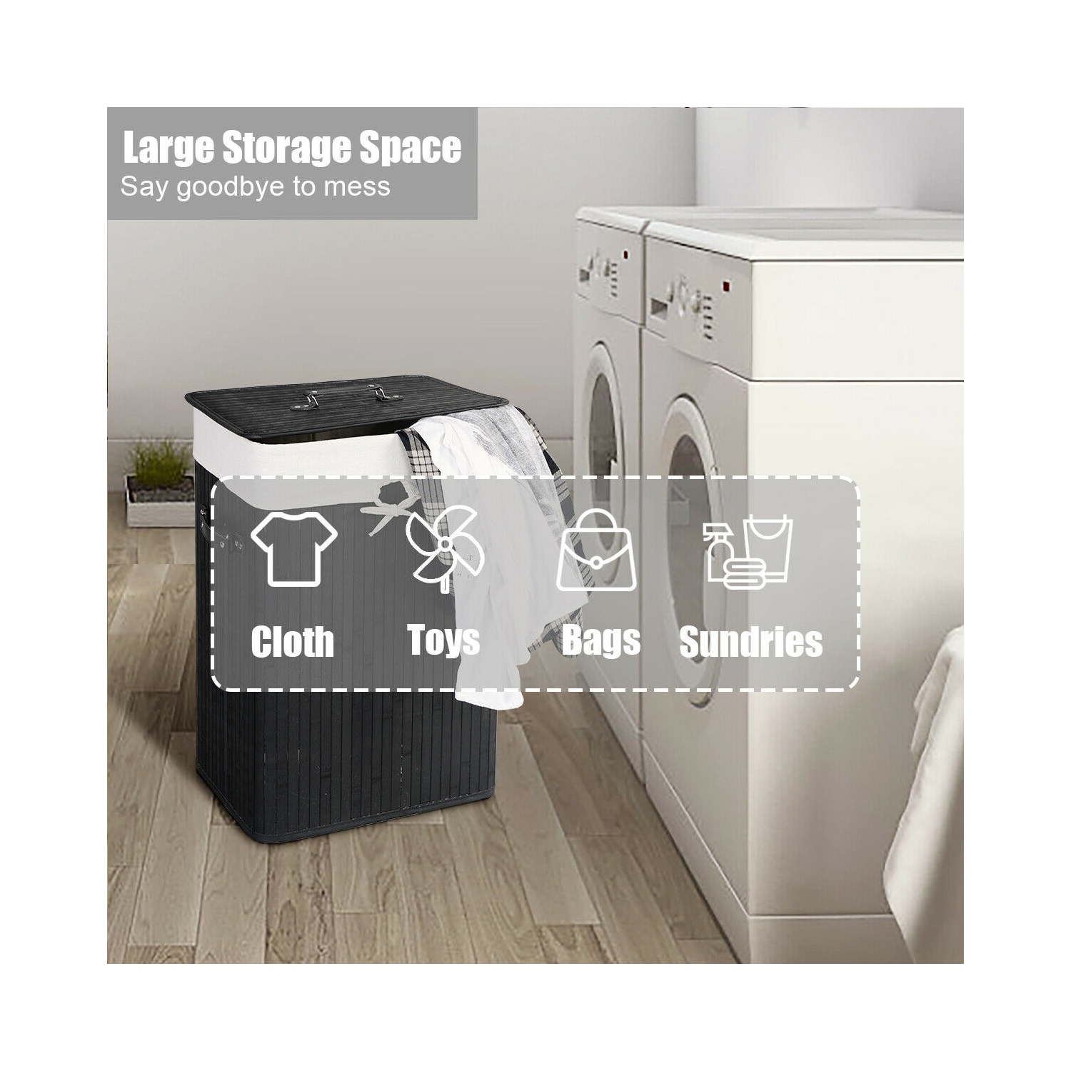 Costway Rectangle Bamboo Hamper Laundry Basket Washing Cloth Bin Rangier Lid Black