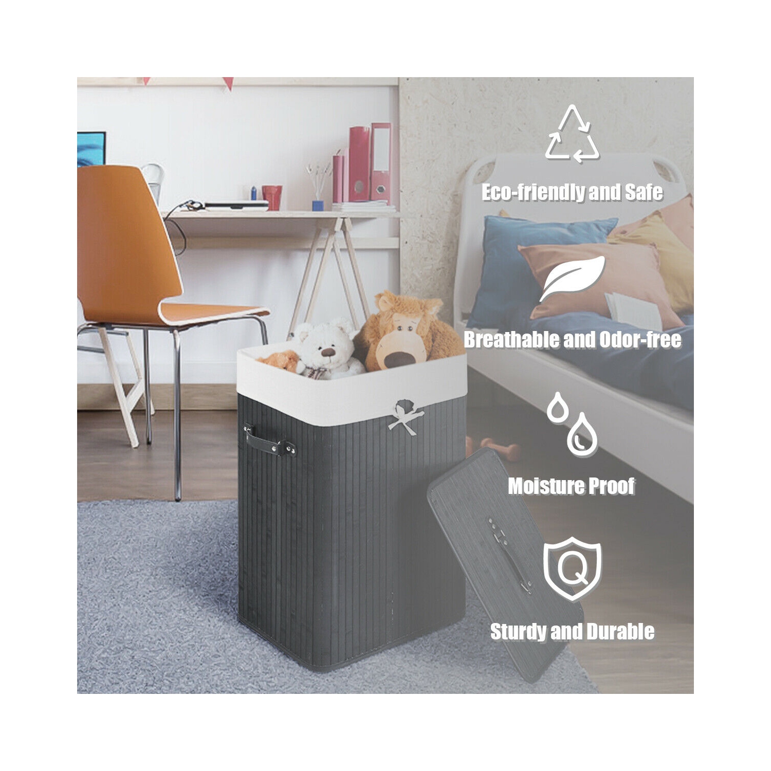 Costway Rectangle Bamboo Hamper Laundry Basket Washing Cloth Bin Rangier Lid Black