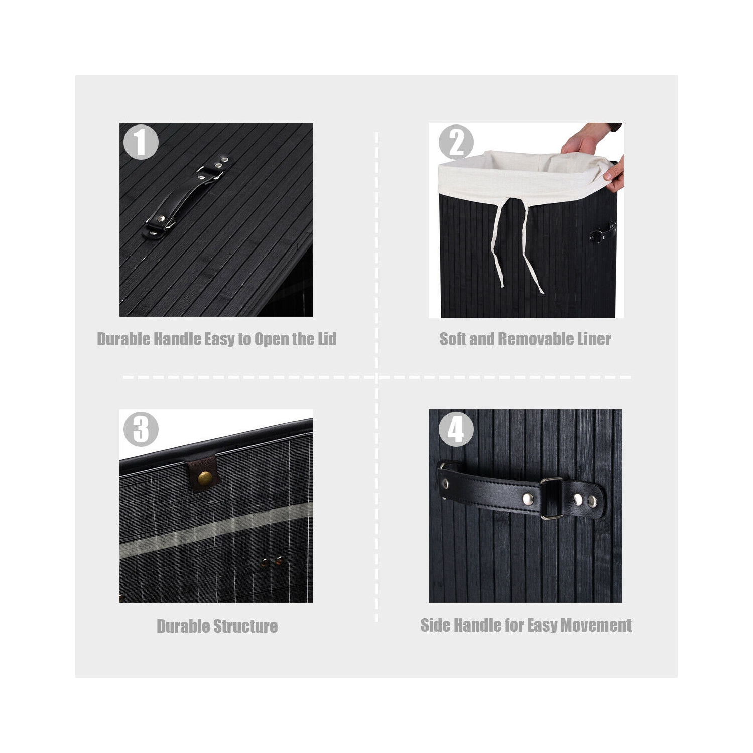 Costway Rectangle Bamboo Hamper Laundry Basket Washing Cloth Bin Rangier Lid Black