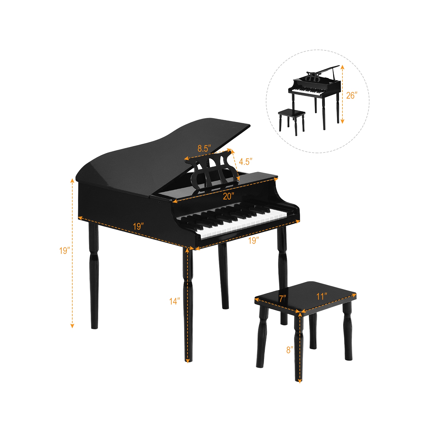 Piano Classique de Marque Costway en Bois à 30 touches avec banc et support à musique Noir