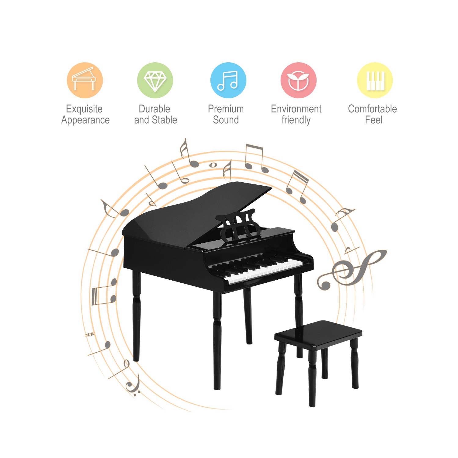 Piano Classique de Marque Costway en Bois à 30 touches avec banc et support à musique Noir