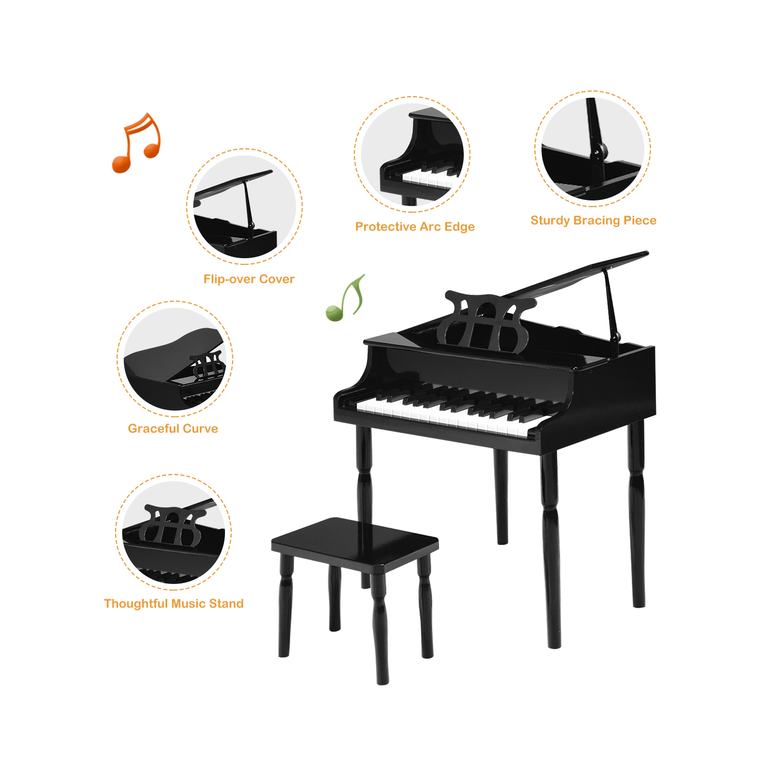 Piano Classique de Marque Costway en Bois à 30 touches avec banc et support à musique Noir