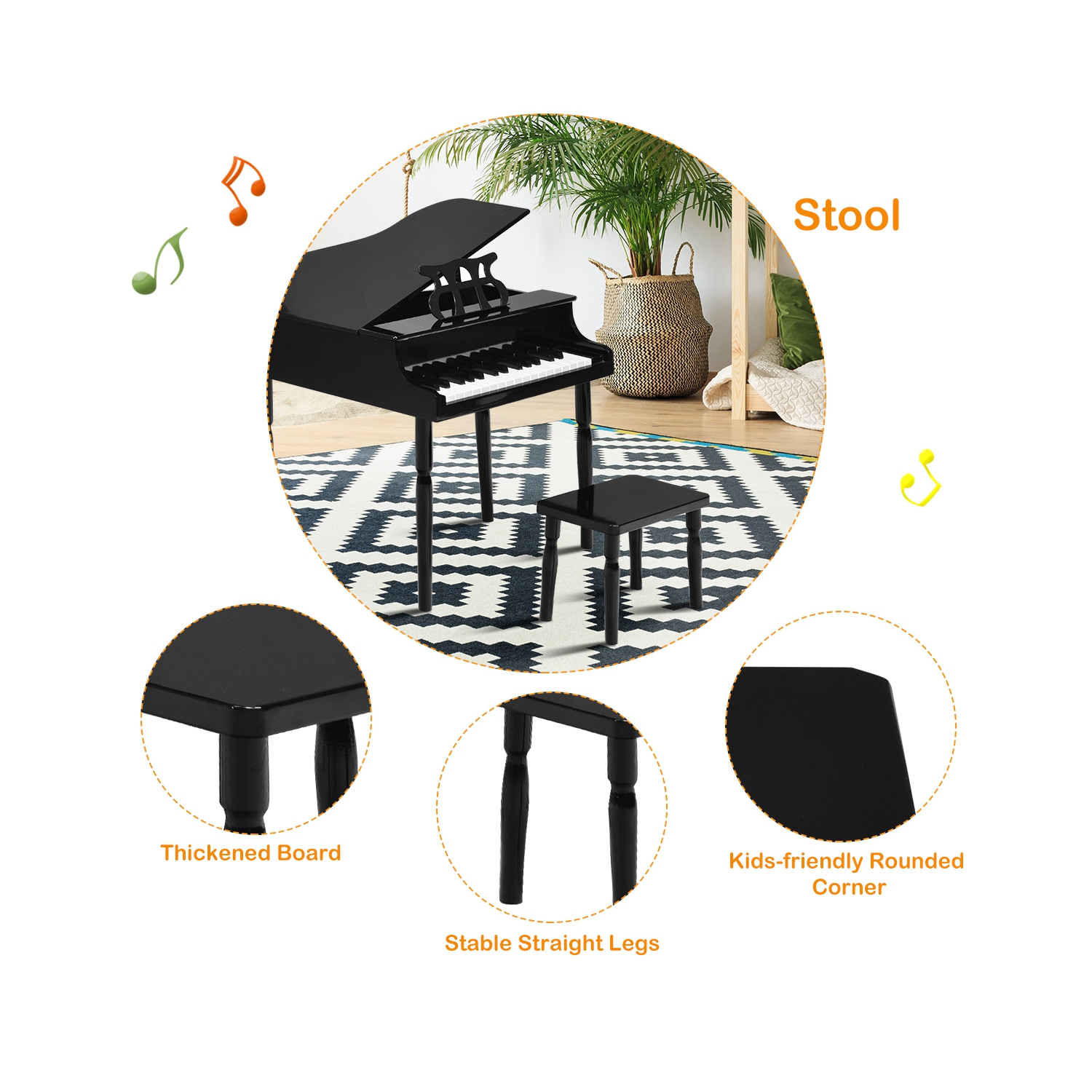 Piano Classique de Marque Costway en Bois à 30 touches avec banc et support à musique Noir